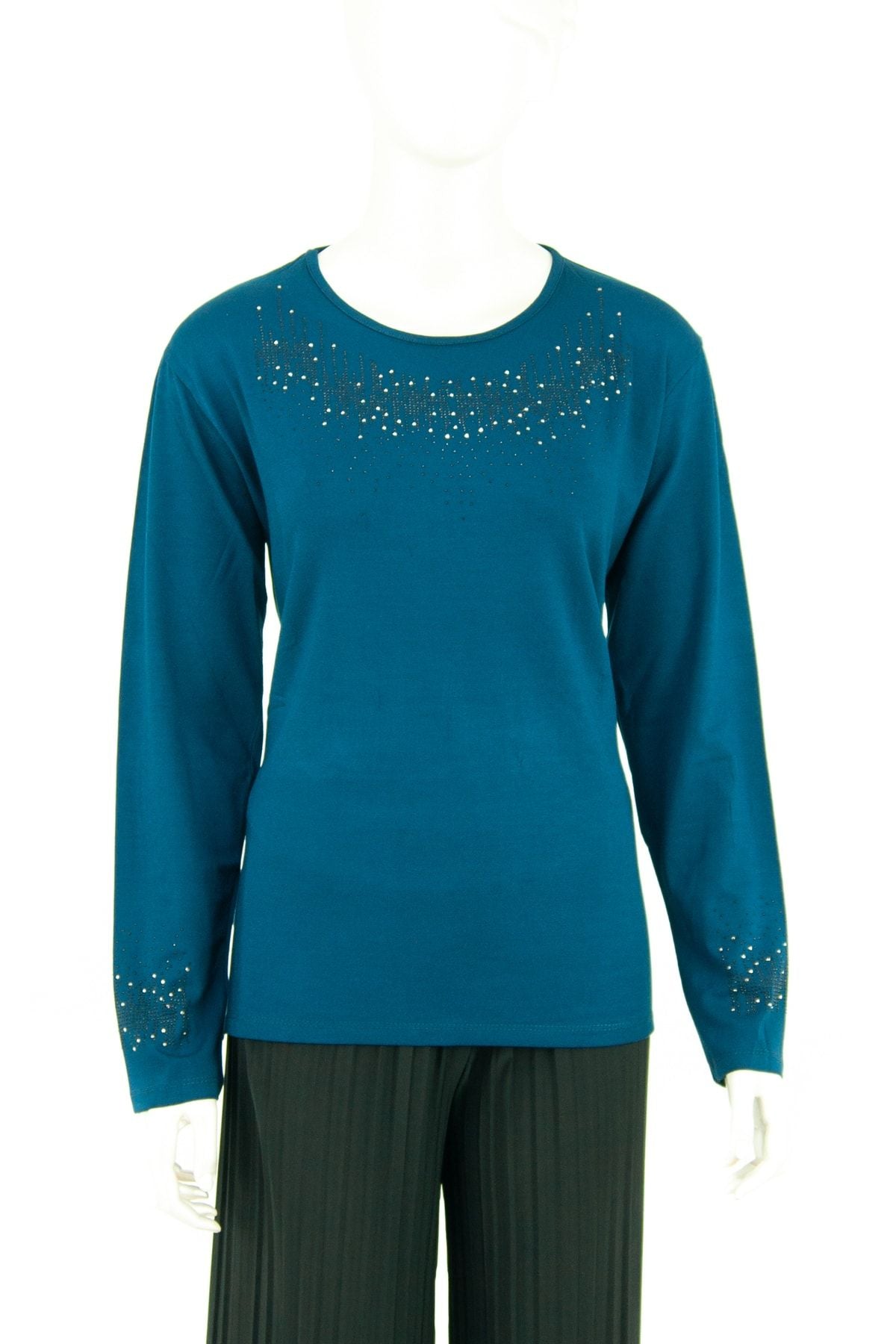 Kadın Damla Taşlı Ve Desenli Uzun Kollu Yuvarlak Yaka Likralı Nergiz Kumaş Anne Ince Kazak