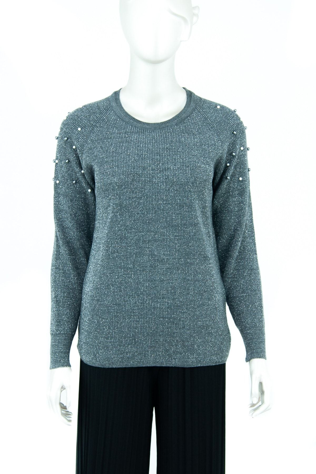 Kadın Kışlık Boncuk Modelli Yuvarlak Yaka Likralı Simli Pamuklu Dokuma Triko Kazak