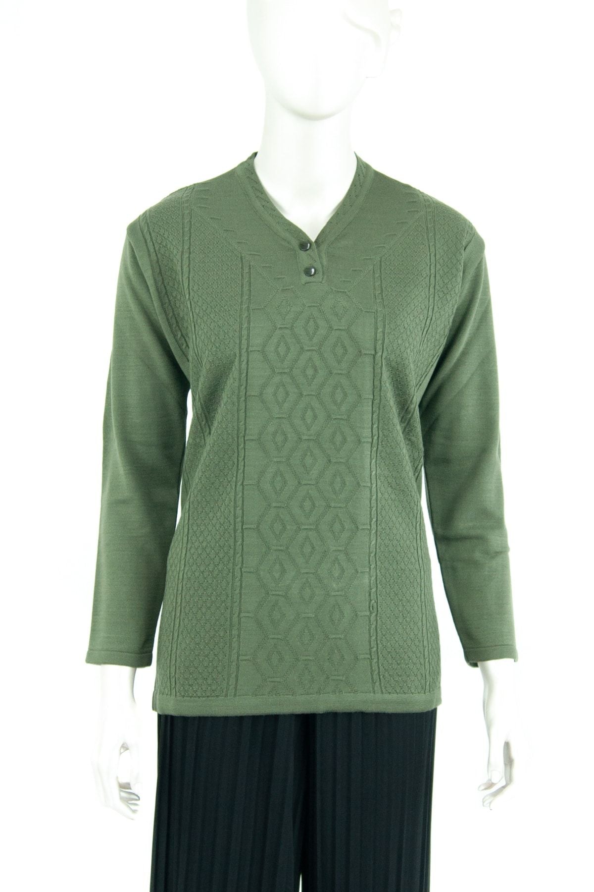 Kadın Kışlık Zümrüt Motifli Düğmeli Armut Yakalı Likralı Pamuklu Triko Dokuma Anne Kazak