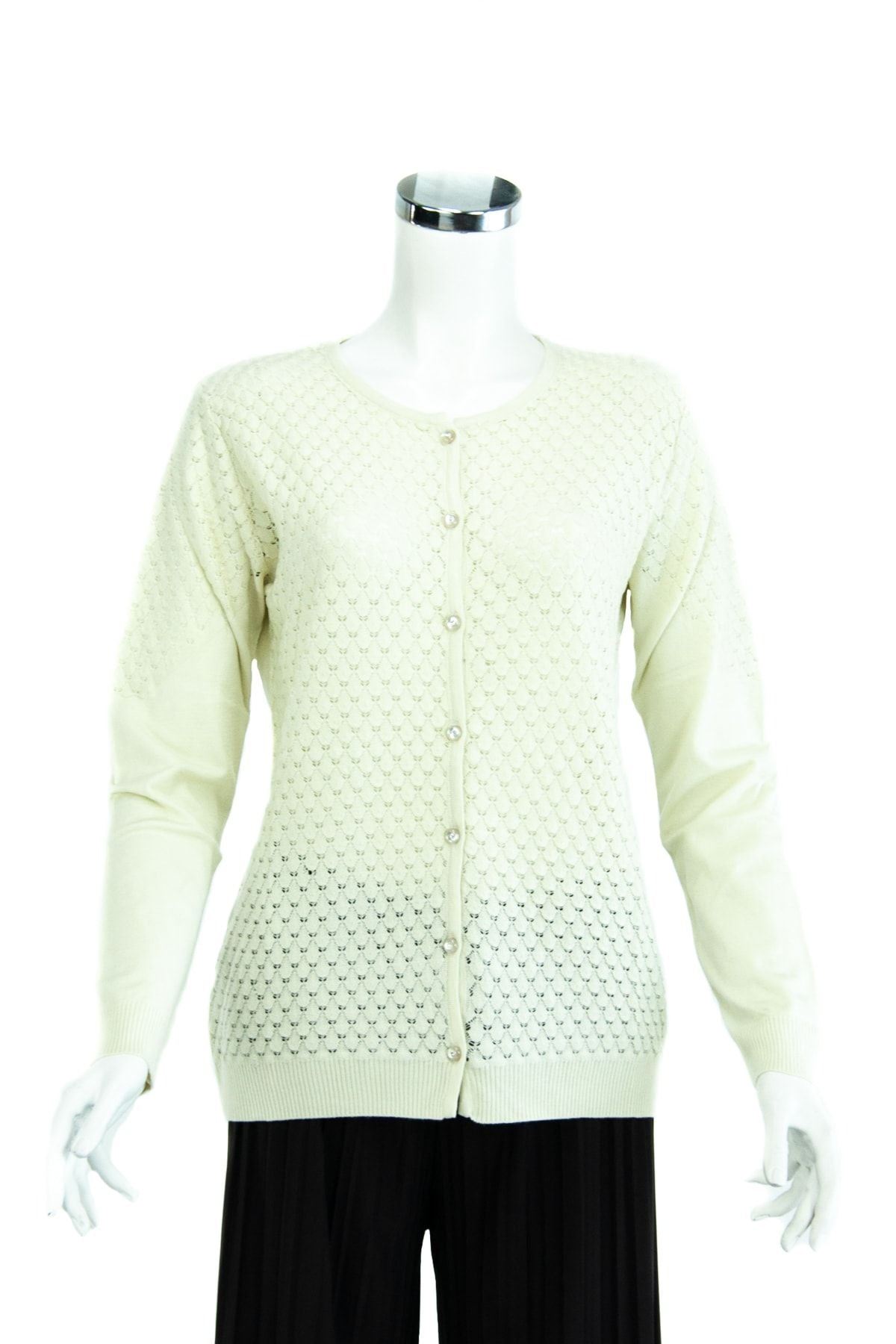 Kadın Krem Mevsimlik Uzun Kol Yuvarlak Yaka Boydan Düğmeli Likralı Triko Dokuma Hırka