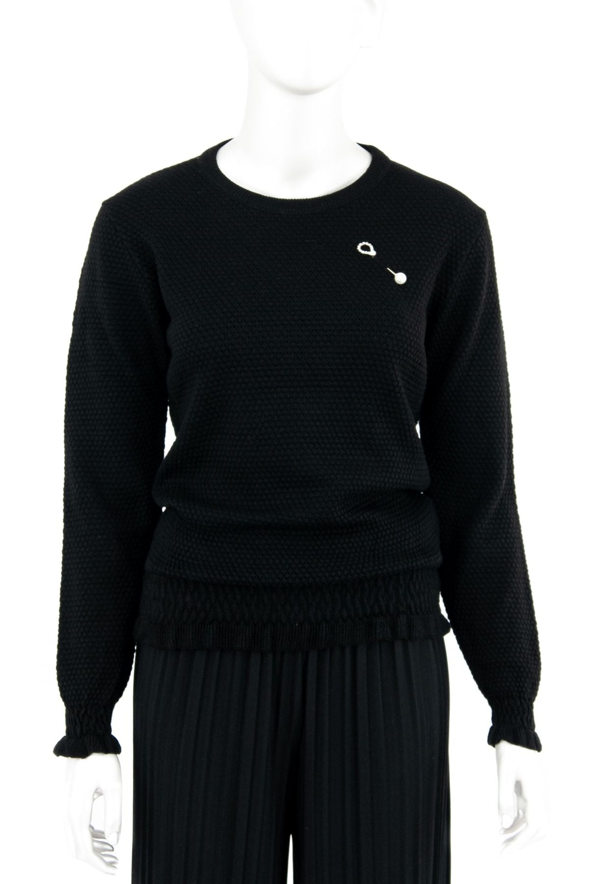 Kadın Kışlık Modelli Incili Broş Detaylı Uzun Kollu Yuvarlak Yaka Likralı Dokuma Triko Kazak