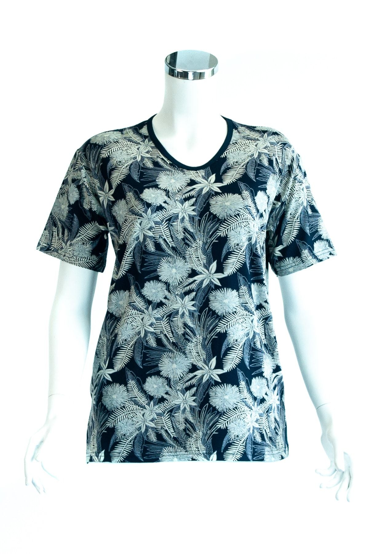 Kadın Lacivert Anne Butik Bluz Yaprak Desenli Kısa Kollu Rahat Kesim Likralı Viskon Kumaş