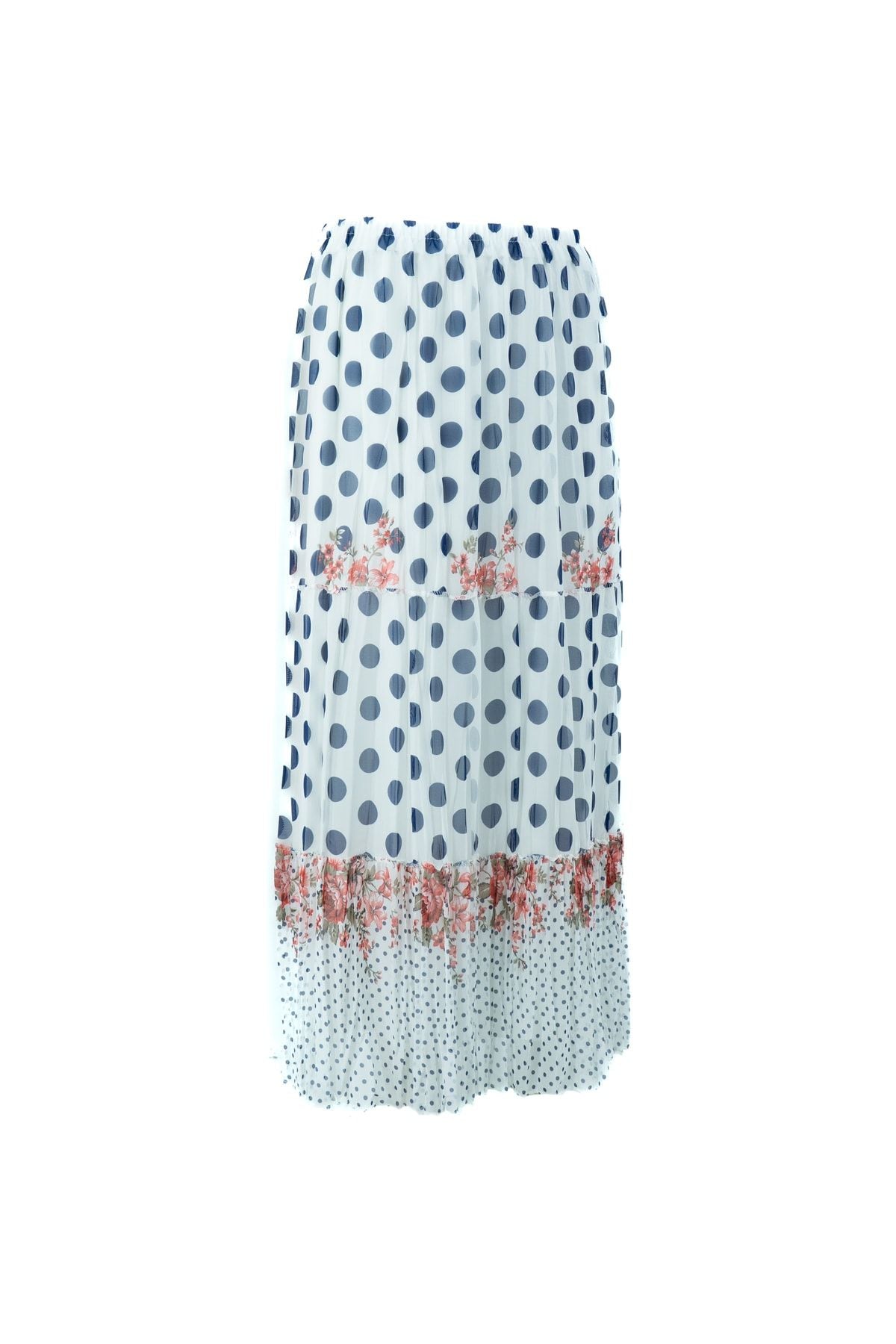 Kadın Bahar Puantiyesi Desenli Rahat Kesim Astarlı Likralı Üç Parçalı Premium Şifon Etek