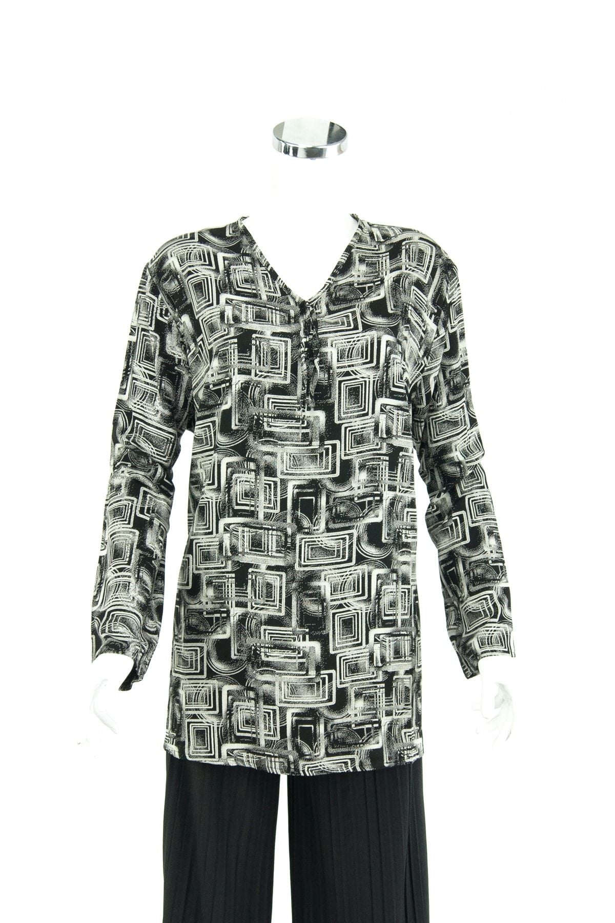 Kadın Bağcıklı V Yaka Uzun Kol Zarif Çizgi Modelli Likrasız Viskon Kumaş Anne Bluz