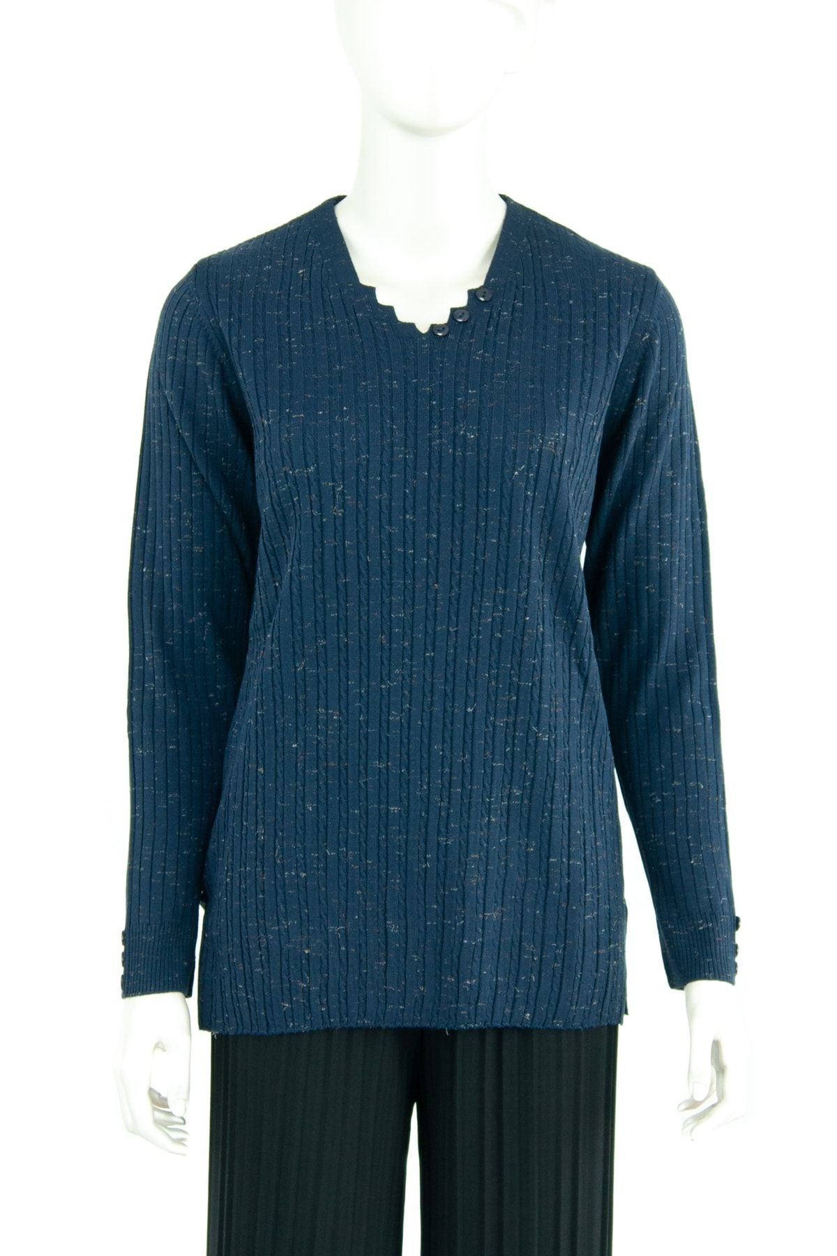 Kadın Kışlık Simetri V Yaka Desenli Uzun Kol Likralı Dokuma Triko Ince Anne Kazak