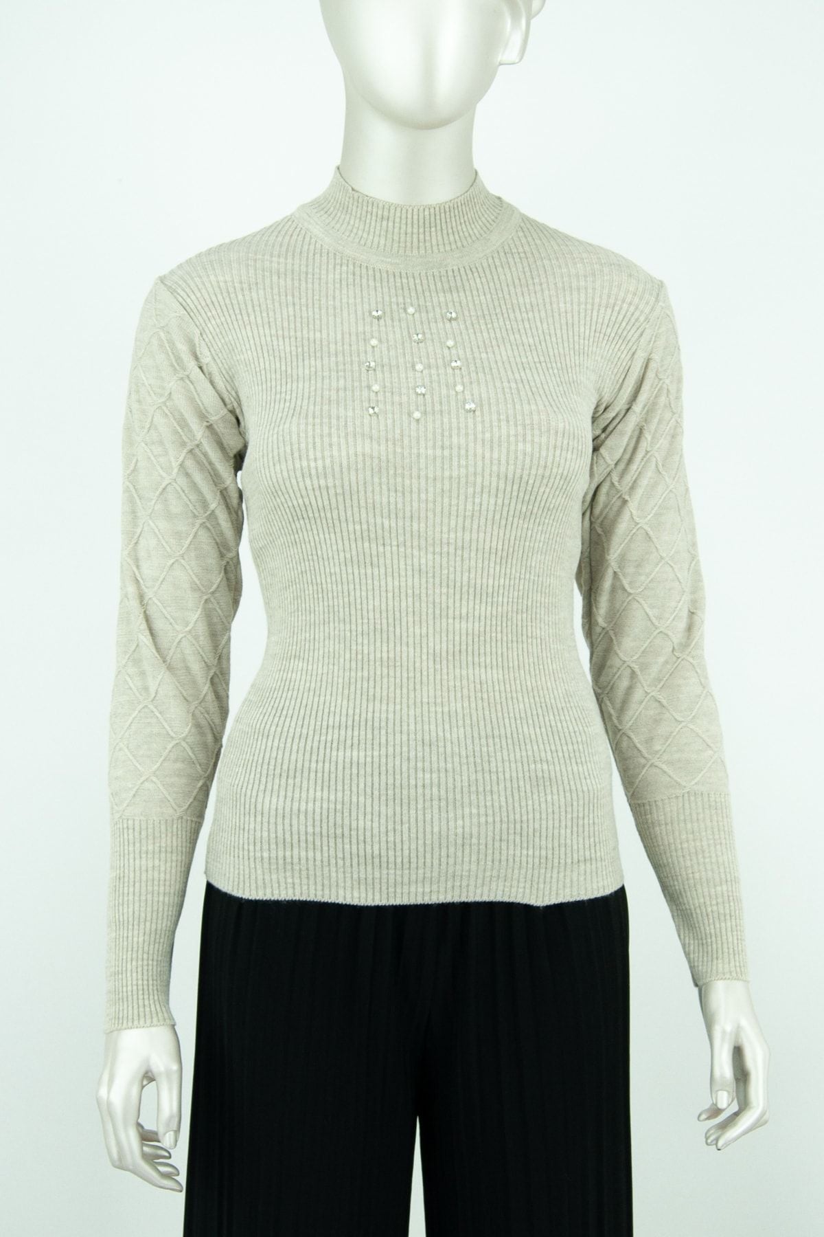 Kadın Kışlık Şık Boncuk Ve Taş Motifli Uzunkol Bedene Oturan Likralı Yünlü Dokuma Badi Kazak