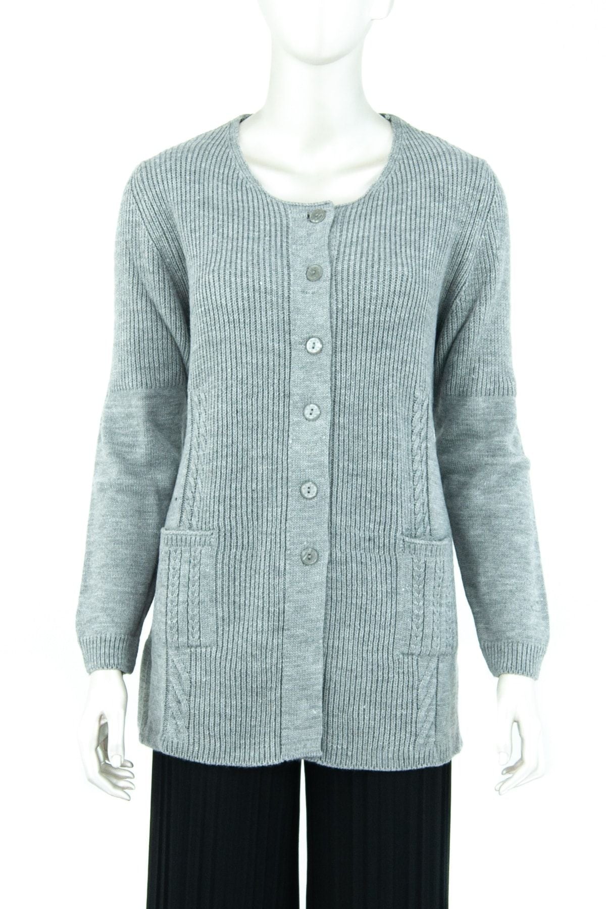 Kadın Kışlık Şık Motifli Yuvarlak Yaka Önden Düğmeli Çift Cepli Yünlü Dokuma Anne Hırka