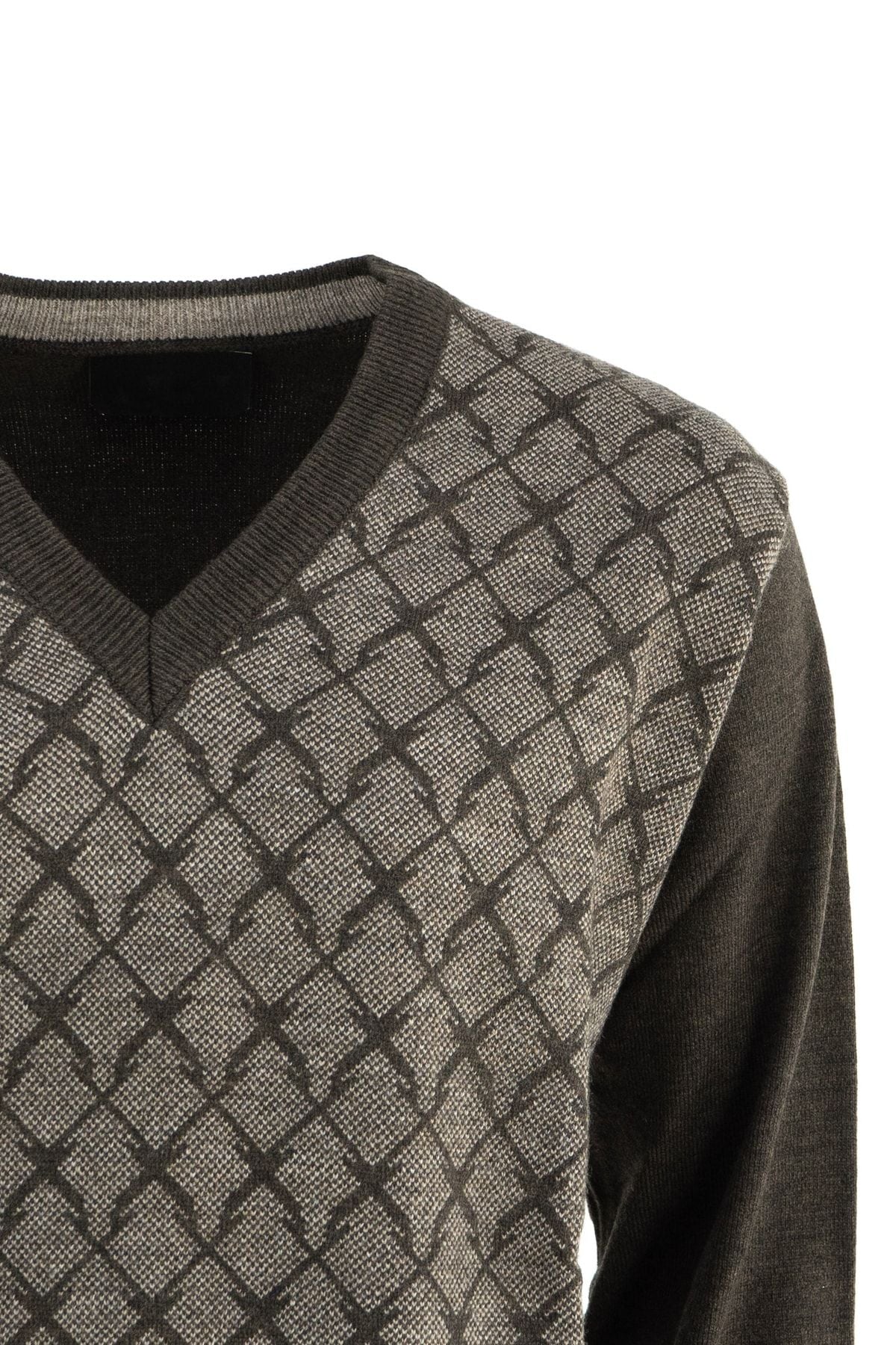 Erkek Kışlık Baklava Desenli V Yaka Rahat Kesim Likralı Uzun Kollu Kalın Yünlü Dokuma Kazak