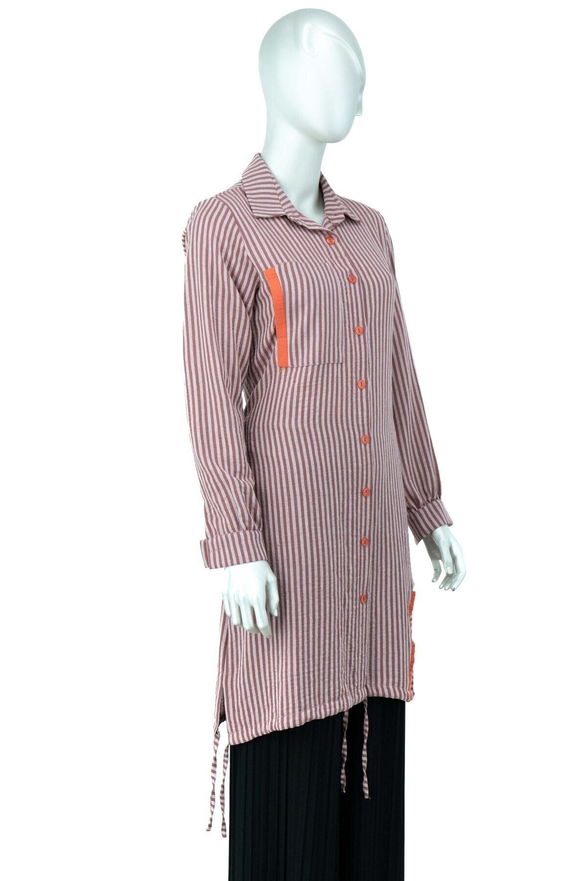 Kadın Çizgi Desenli Uzun Kollu Önü Düğmeli Rahat TamKalıp Premium Pamuklu Kumaş Gömlek Tunik