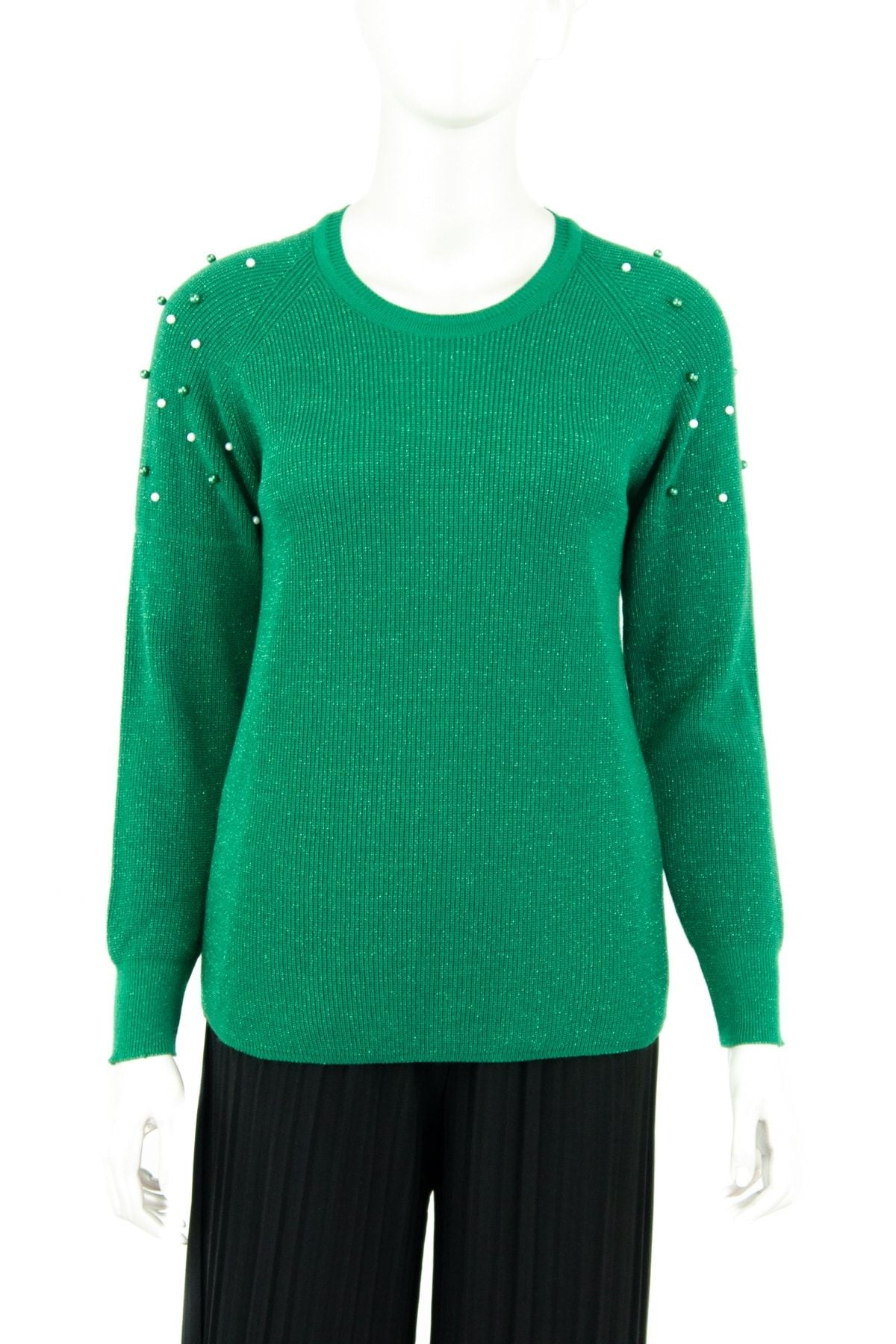 Kadın Kışlık Boncuk Modelli Yuvarlak Yaka Likralı Simli Pamuklu Dokuma Triko Kazak