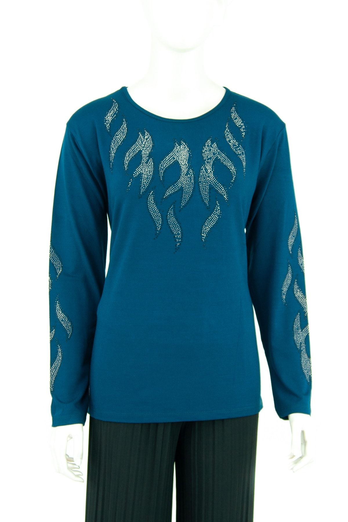 Kadın Taşlı Dal Desenli Uzun Kollu Yuvarlak Yaka Likralı Nergiz Kumaş Anne Ince Kazak