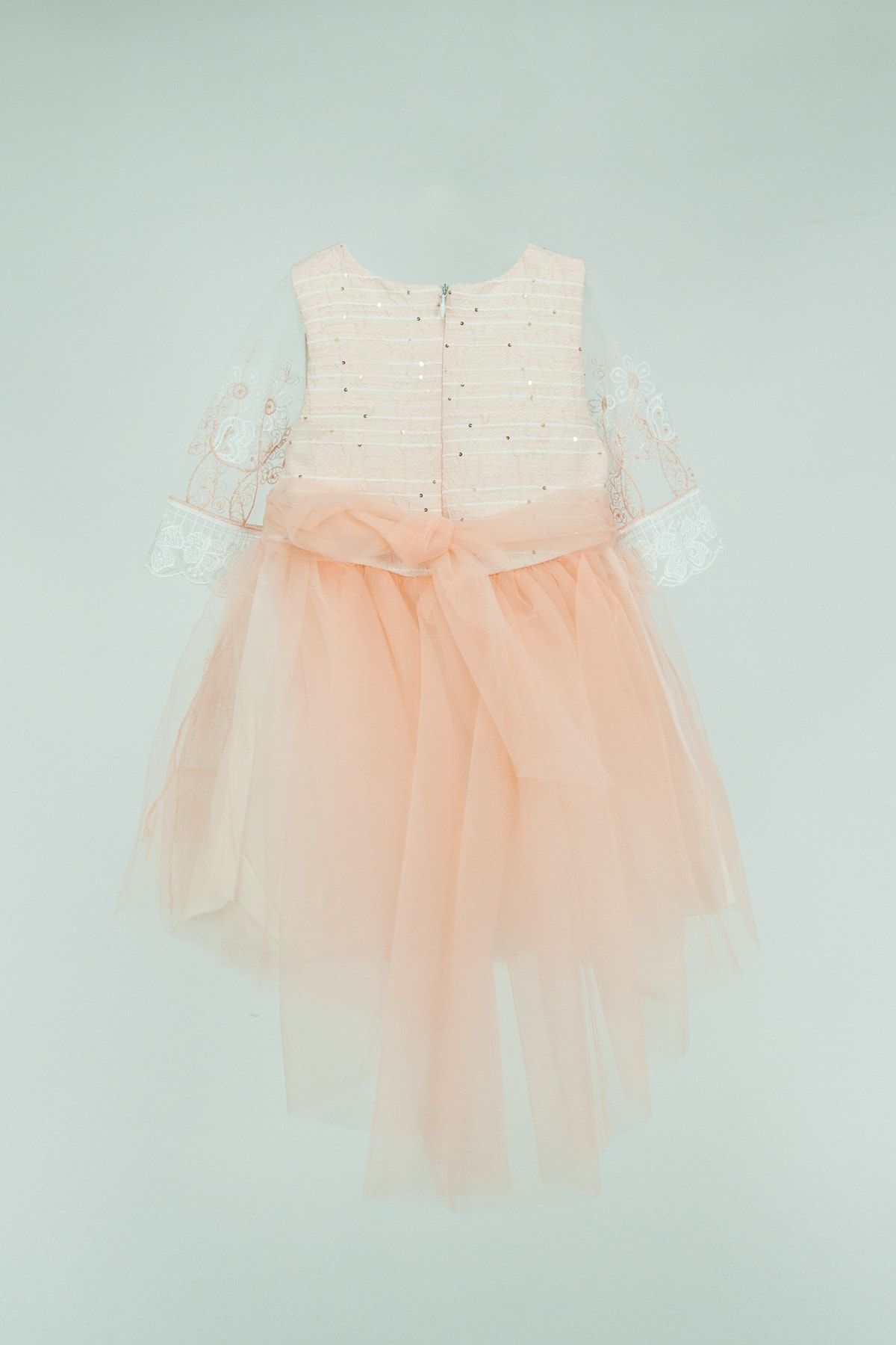 Kız Çocuk 1-2-3-4 Yaş Taçlı Kelebek Papatya Nakışlı Kuyruklu Elbise