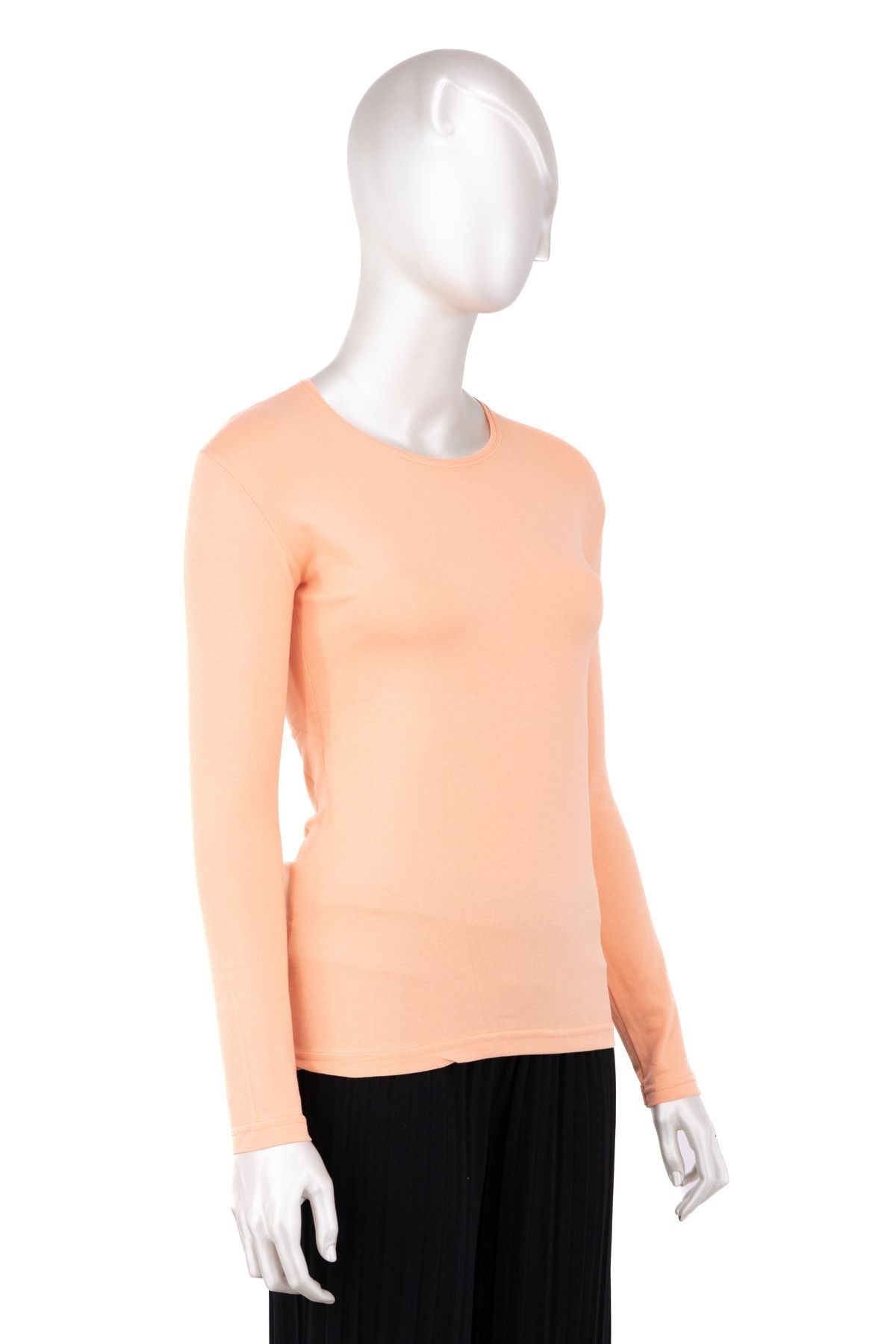 Kadın Düz Renk Yuvarlak Yaka Uzun Kollu Dar Kesim Bedene Oturan Likralı Pamuk Kumaş Badi