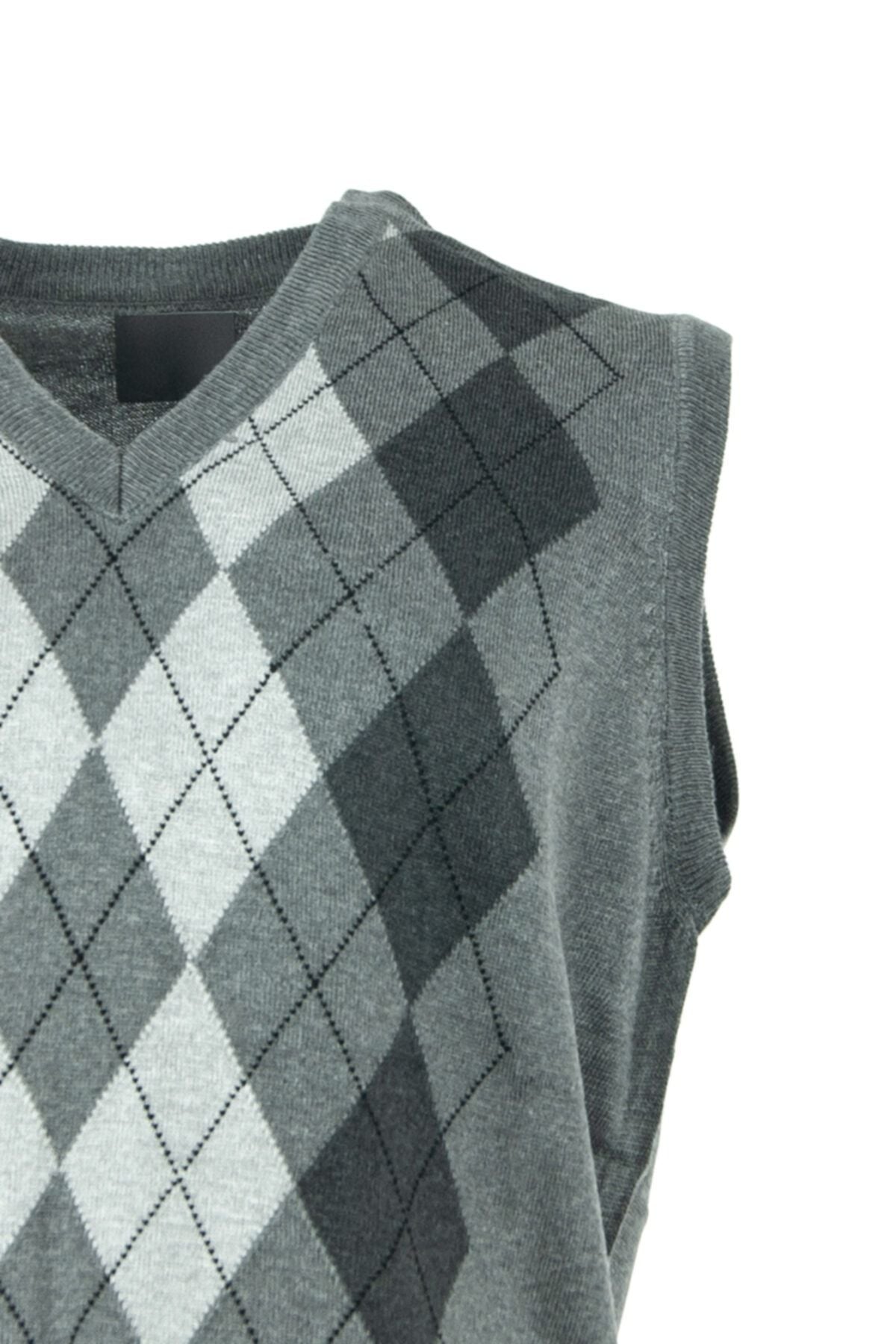 Erkek Gri Siyah Baba Süveteri Baklava Desenli Rahat Kesim V Yakalı Ince Yün Dokuma