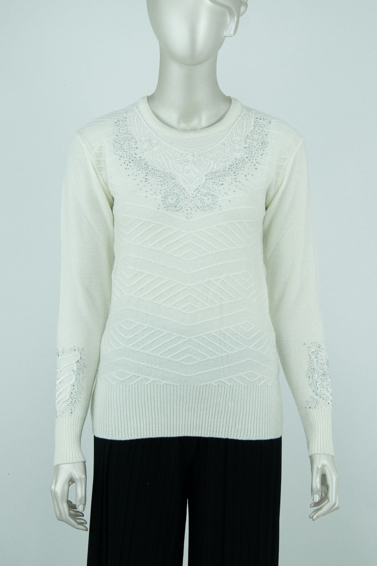 Kadın Kışlık Buket Motifli Boncuklu Ve Taşlı Dar Kesim Kardelen Dokuma Genç Anne Triko Kazak