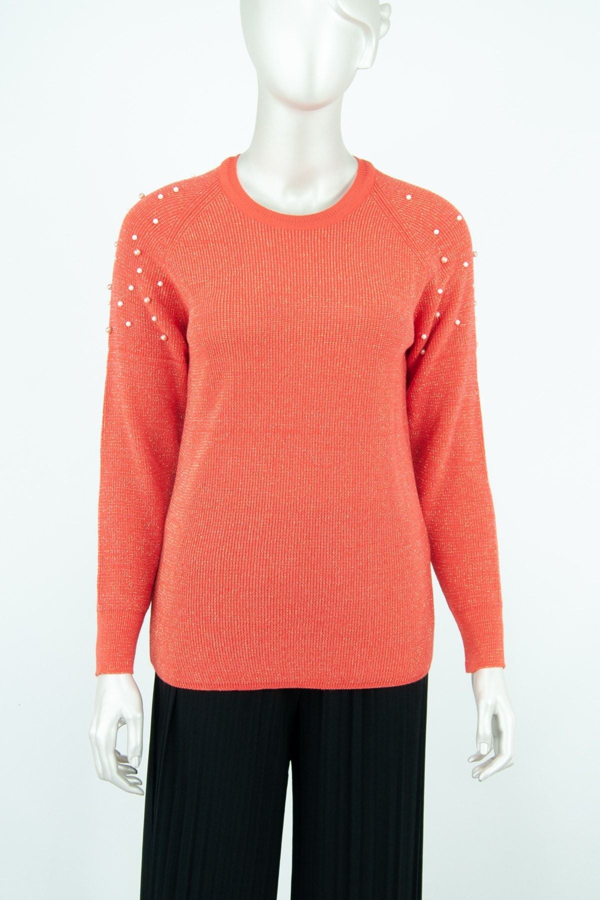 Kadın Kışlık Boncuk Modelli Yuvarlak Yaka Likralı Simli Pamuklu Dokuma Triko Kazak