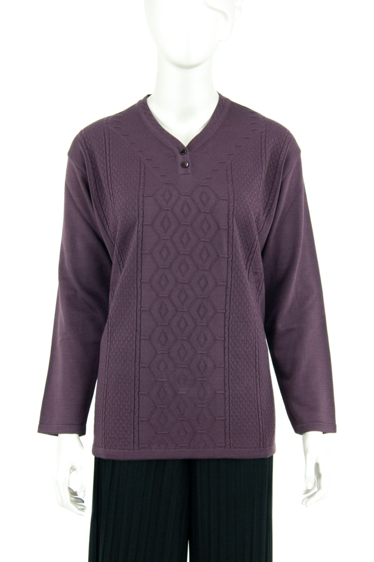 Kadın Kışlık Zümrüt Motifli Düğmeli Armut Yakalı Likralı Pamuklu Triko Dokuma Anne Kazak