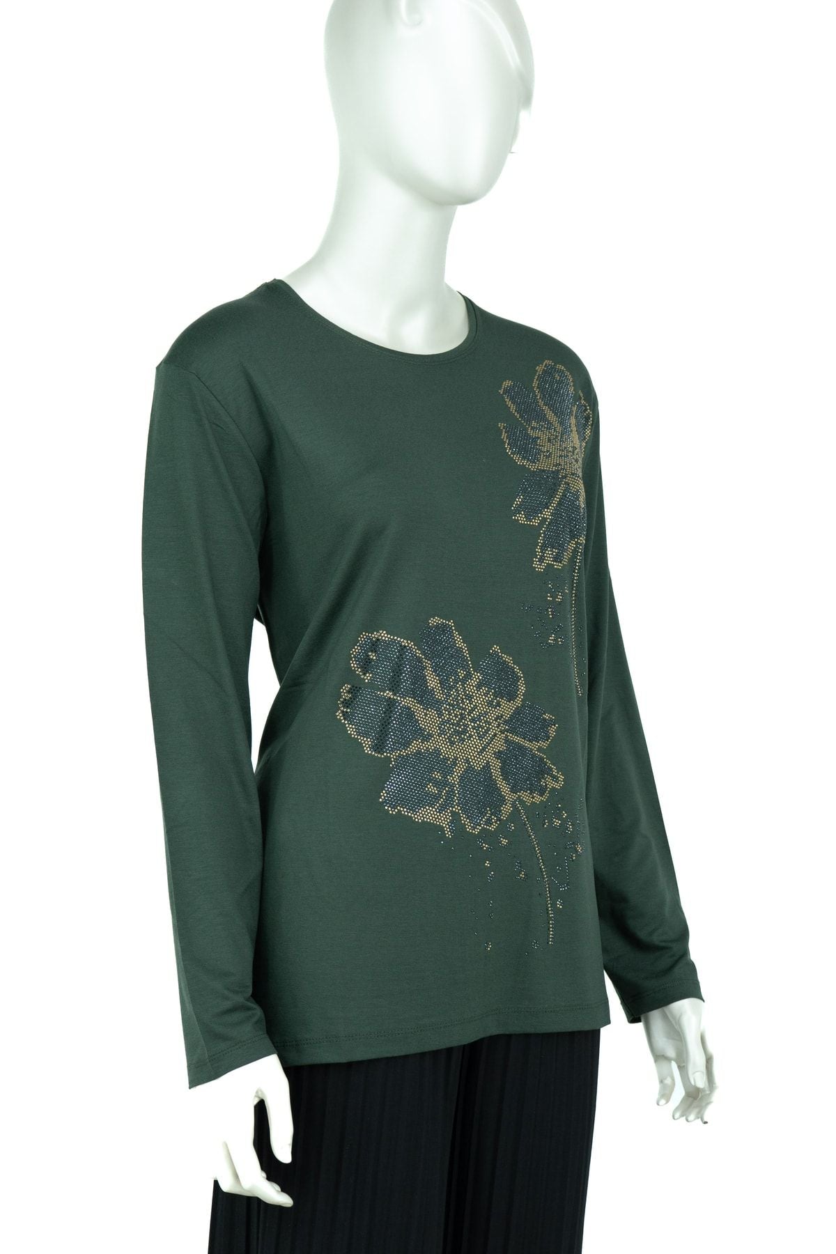 Kadın Papatya Taşlı Yuvarlak Yaka Uzun Kollu Tam Kalıp Likralı Viskon Penye Kumaş Anne Bluz