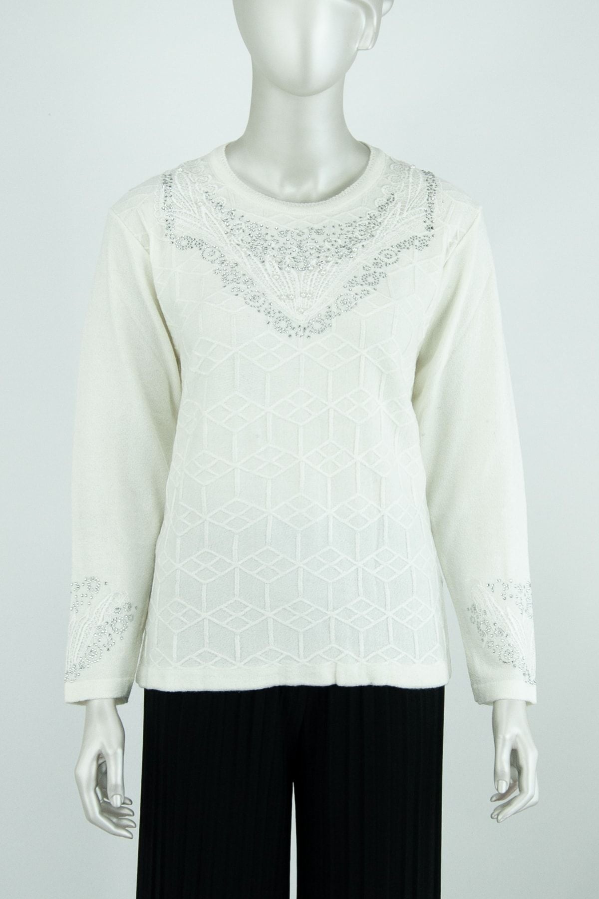 Kadın Kışlık Manolya Motifli Boncuklu Ve Taşlı Likralı Kardelen Dokuma Anne Triko Kazak