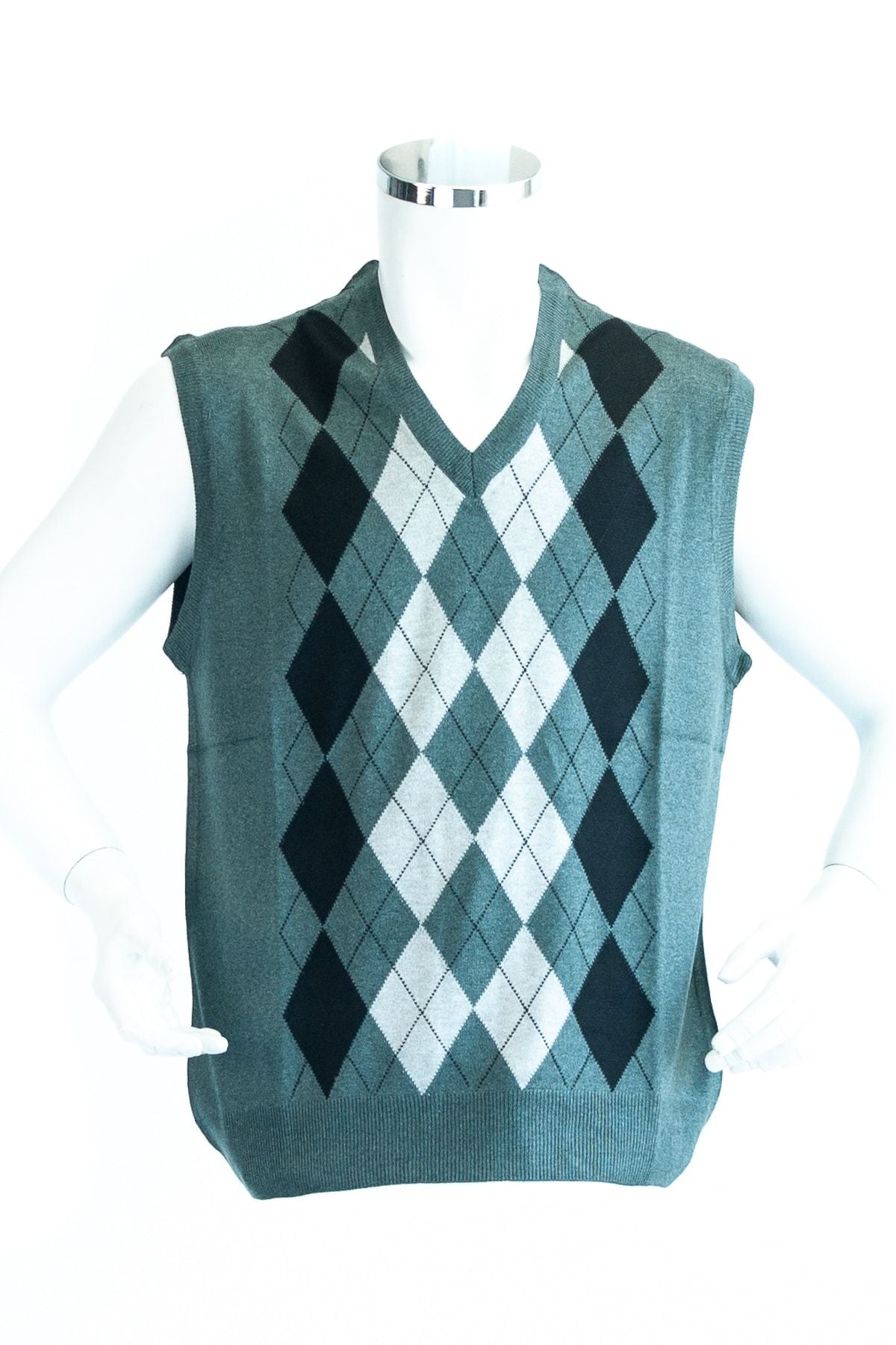 Erkek Yeşil Baba Süveteri Baklava Desenli Rahat Kesim V Yakalı Ince Yün Dokuma