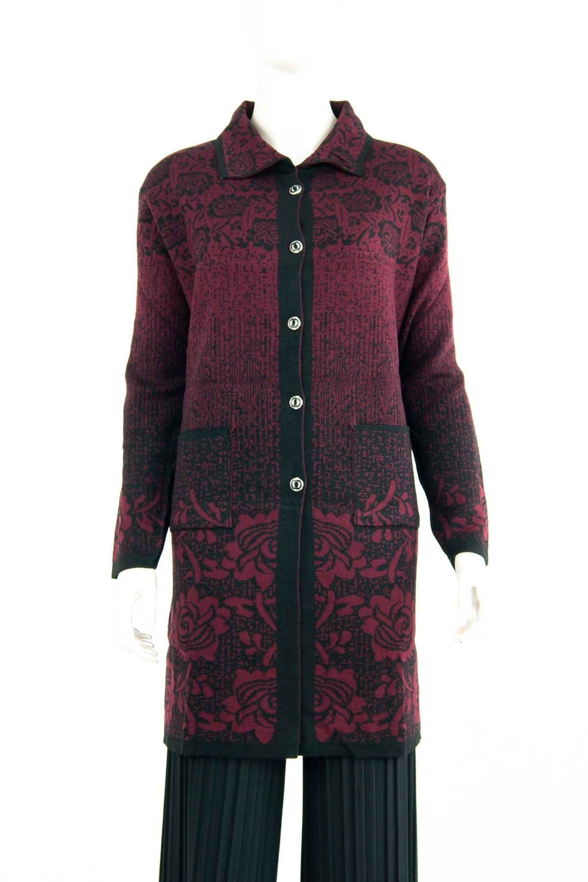 Kadın Anne Hırka Kışlık Triko Boydan Düğmeli Cepli Gül Zamanı Motifli Yünlü Dokuma