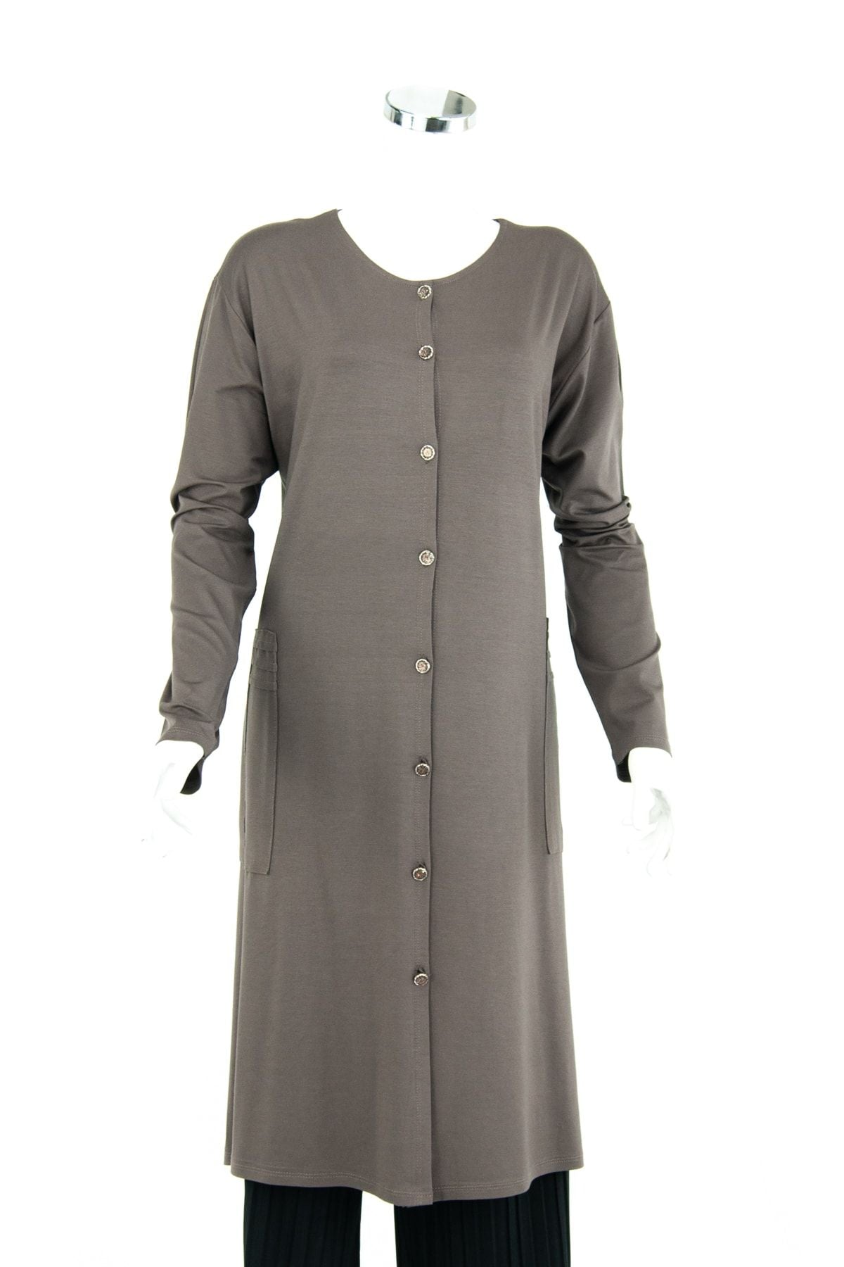 Kadın Düğmeli Çift Cepli Normal Kesim Likralı Turlu Viskon Penye Kumaş Uzun Anne Hırka