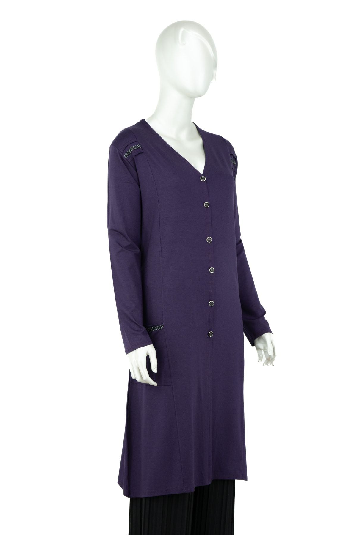 Kadın Önü Düğmeli Ve Çift Cepli Küpürlü Tam Kalıp V Yaka Turlu Viskon Penye Kumaş Anne Hırka