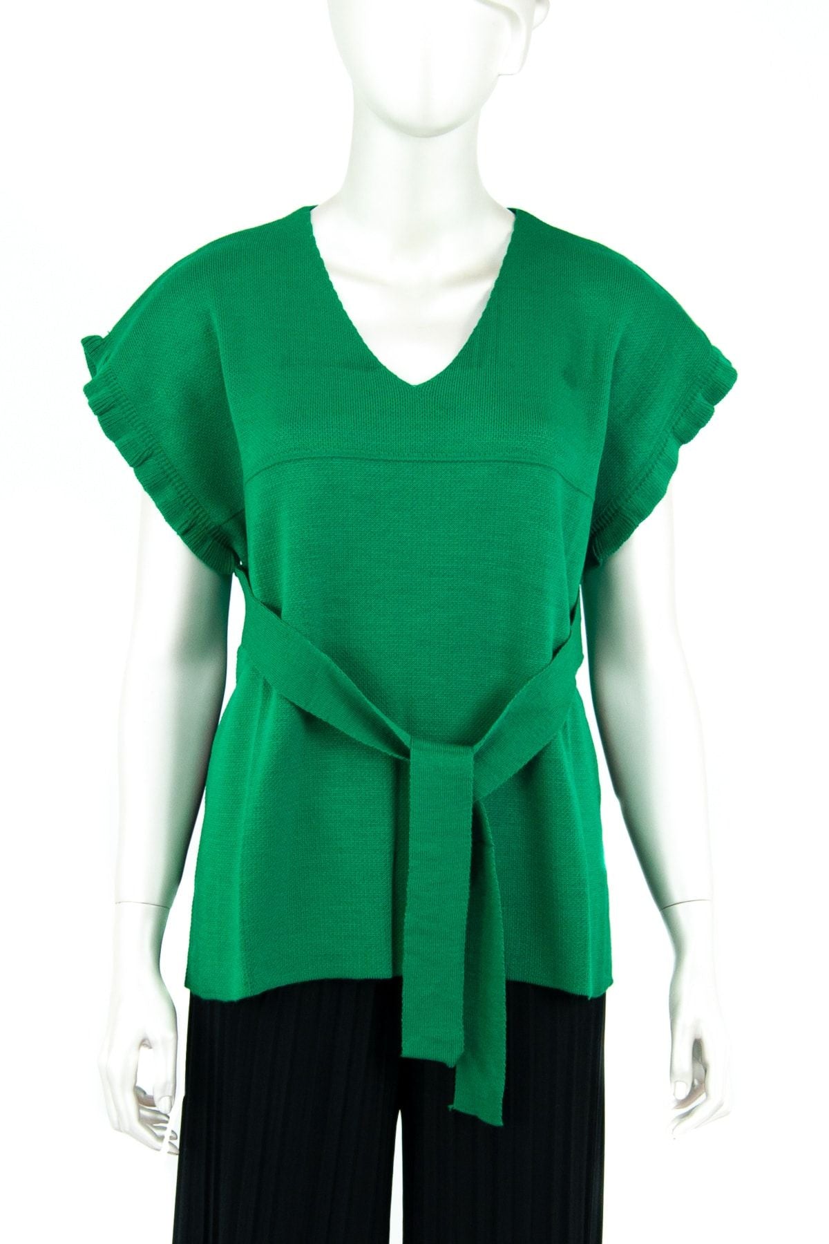 Kadın Kışlık V Yakalı Beli Kuşaklı Yarım Kol Likralı Dokuma Triko Gömlek Üstü Süveter