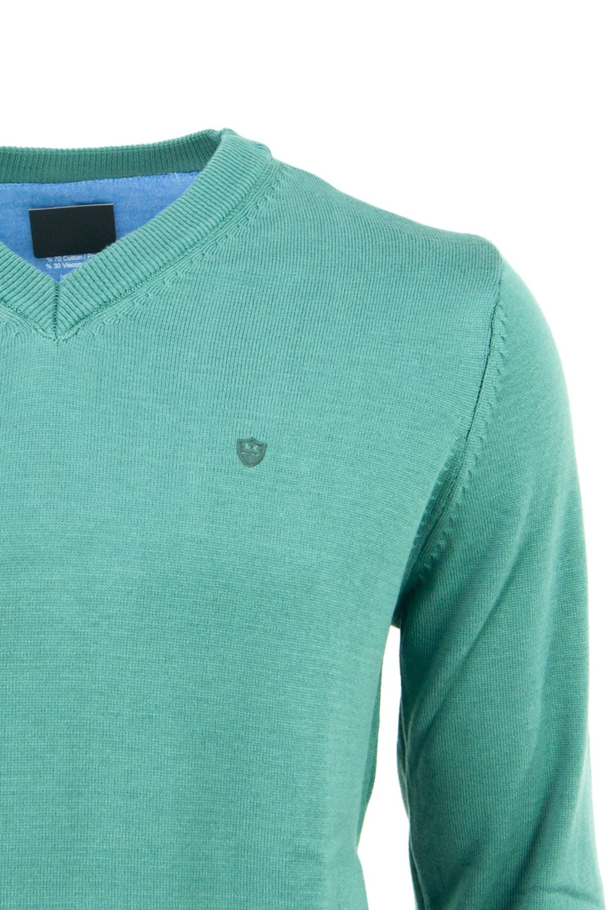 Erkek Kışlık V Yaka Armalı Uzun Kollu Düz Renk Rahat Kesim Likralı Pamuklu Dokuma Kazak