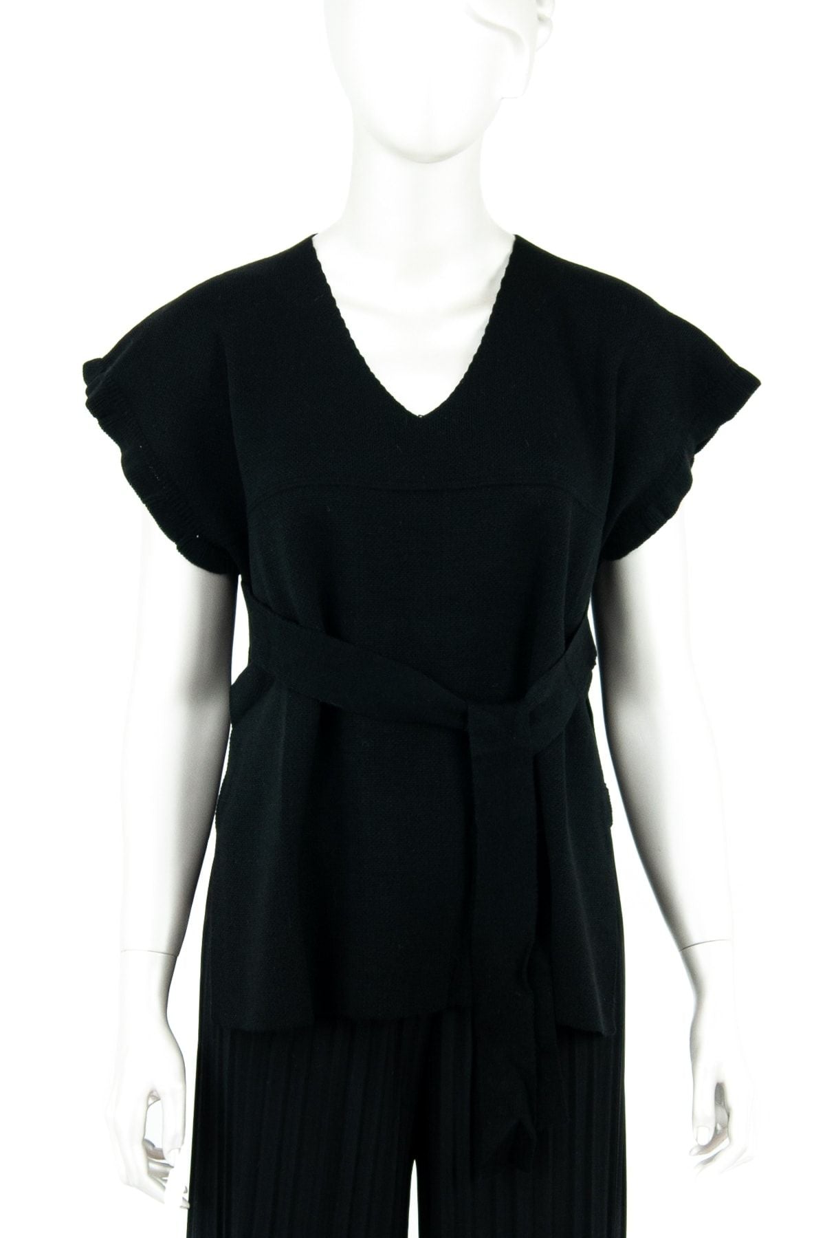 Kadın Kışlık V Yakalı Beli Kuşaklı Yarım Kol Likralı Dokuma Triko Gömlek Üstü Süveter