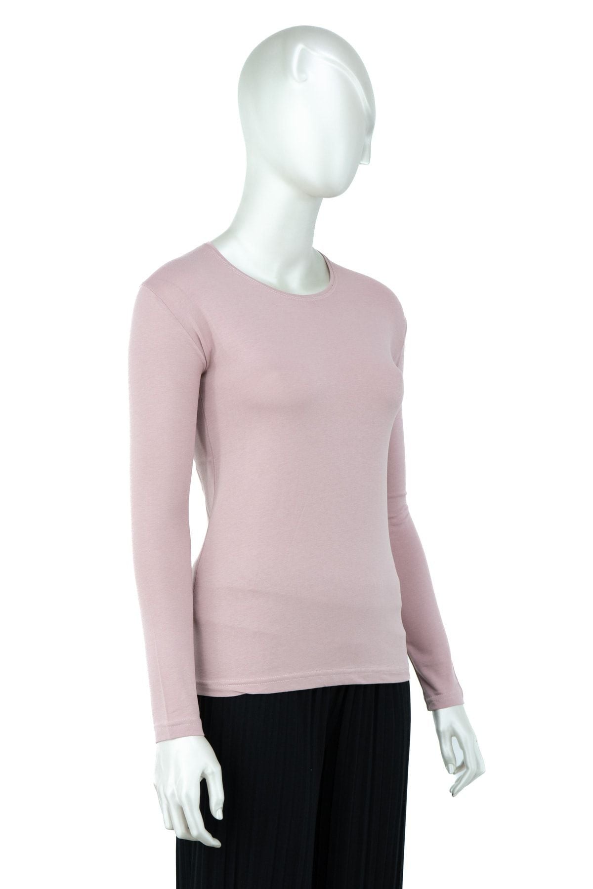 Kadın Düz Renk Yuvarlak Yaka Uzun Kollu Dar Kesim Bedene Oturan Likralı Pamuk Kumaş Badi