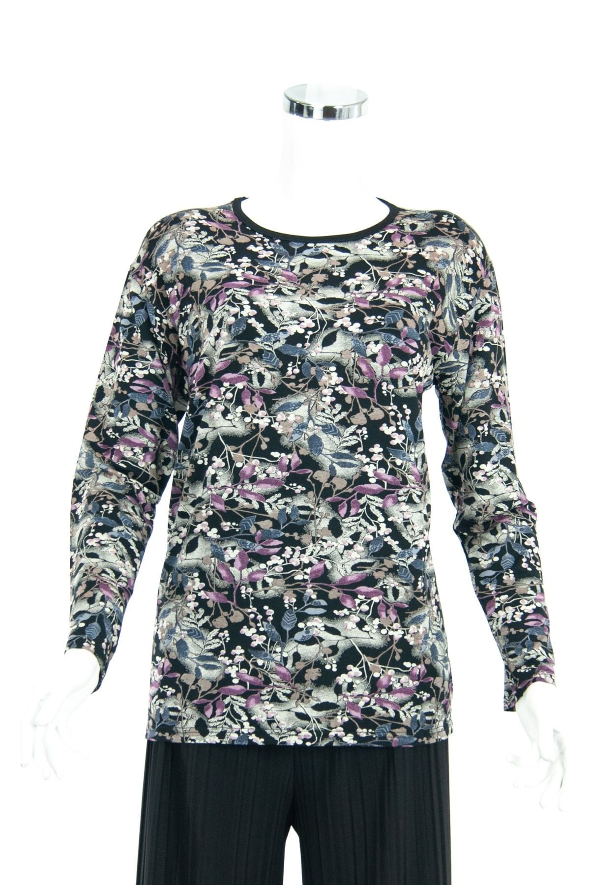 Kadın Siyah Mavi Anne Butik Bluz Zarafet Dalı Desenli Rahat Kesim Likralı Viskon Kumaş