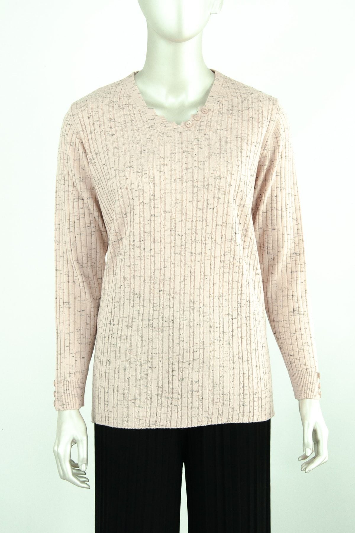 Kadın Kışlık Simetri V Yaka Desenli Uzun Kol Likralı Dokuma Triko Ince Anne Kazak