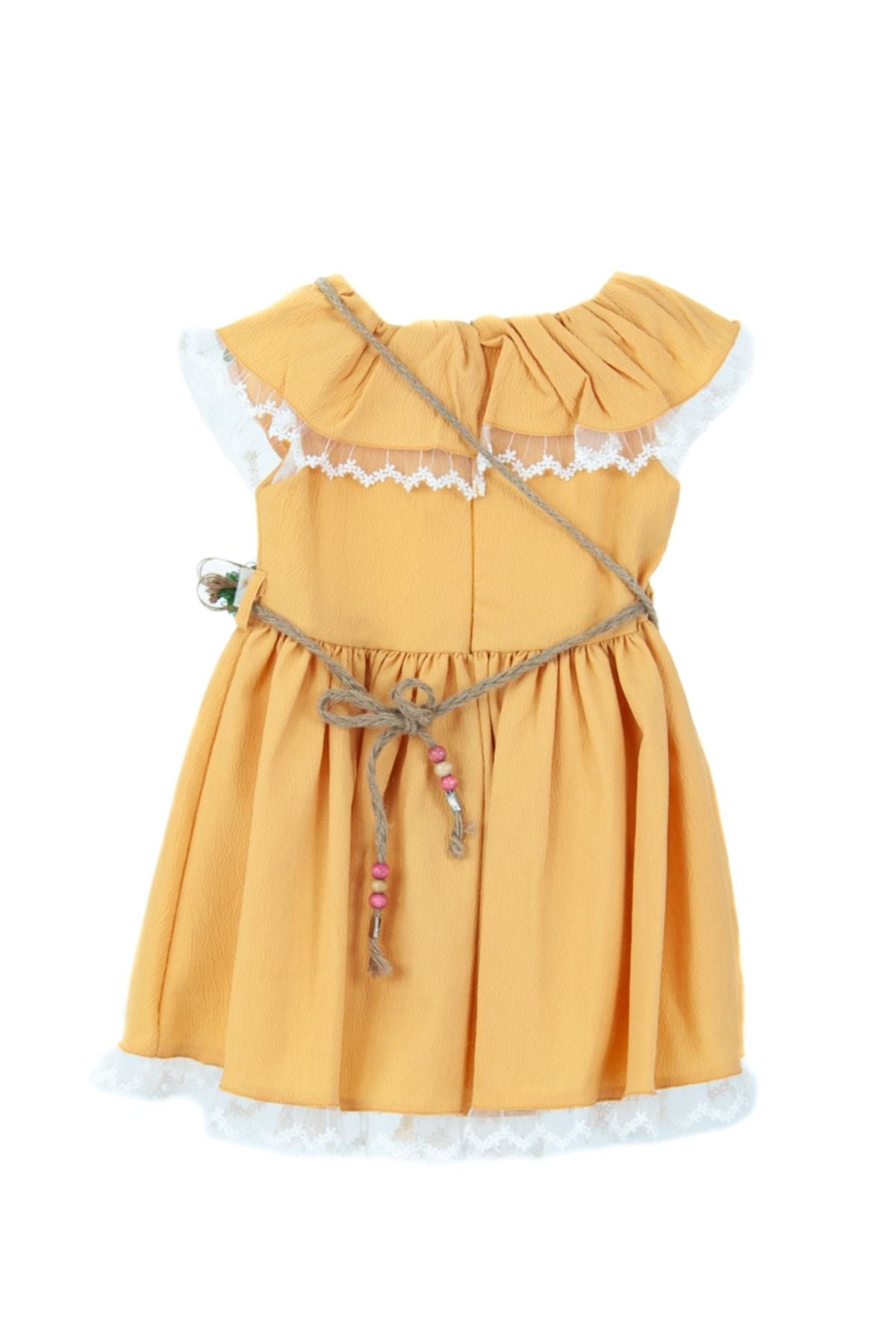 Kız Çocuk 2-3-4-5 Yaş Çantalı Ip Kemerli Yuvarlak Yaka Astarlı Pilili Pamuklu Kumaş Elbise