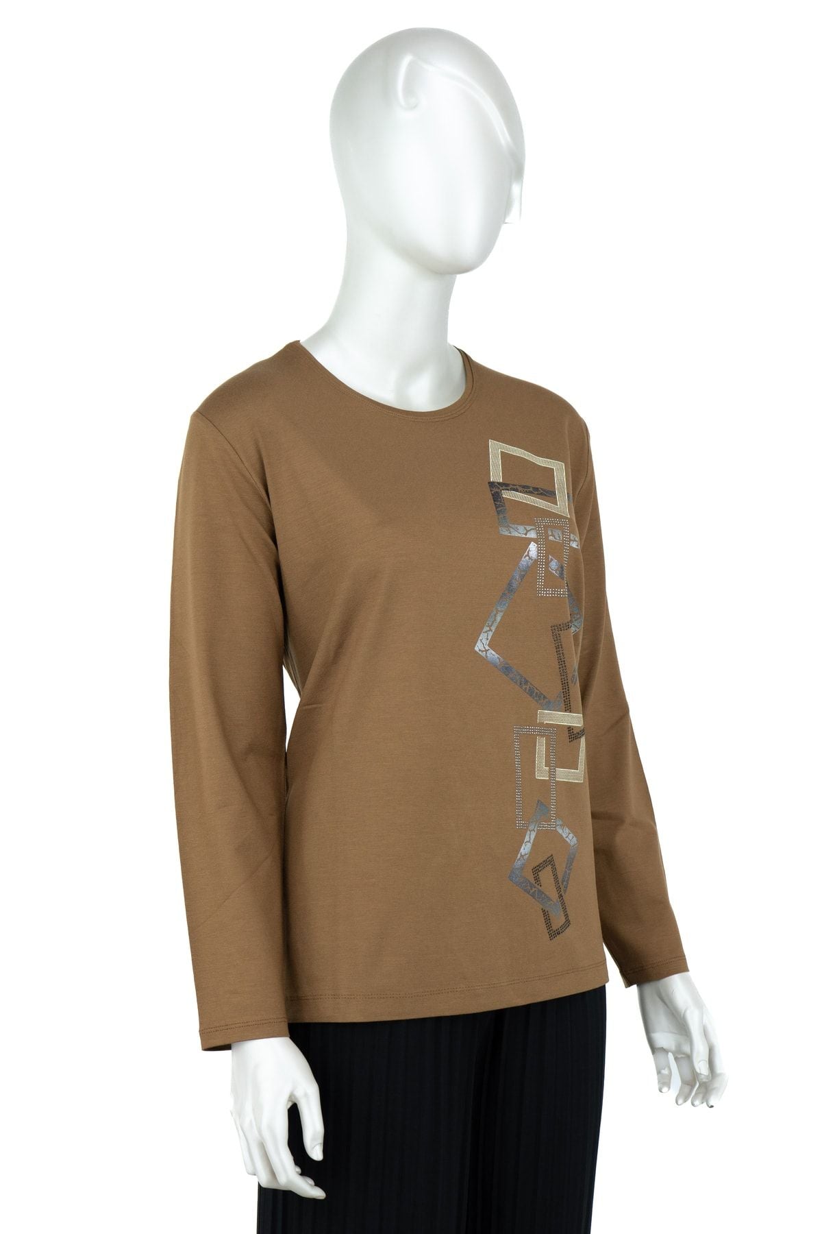 Kadın Desenli Taşlı Yuvarlak Yaka Tam Kalıp Likralı Premium Viskon Penye Kumaş Anne Bluz