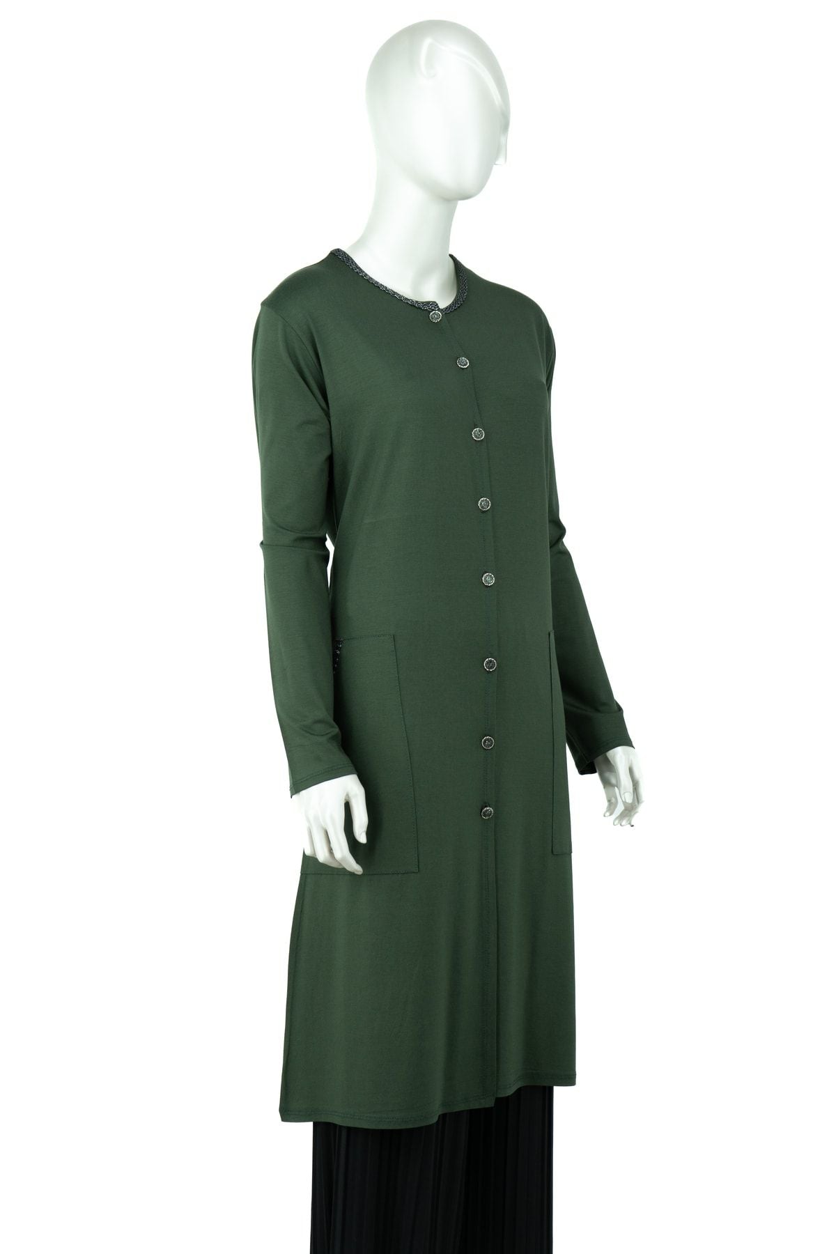 Kadın Önü Düğmeli Cepli Rahat Likralı Yuvarlak Yaka Turlu Viskon Penye Kumaş Uzun Anne Hırka