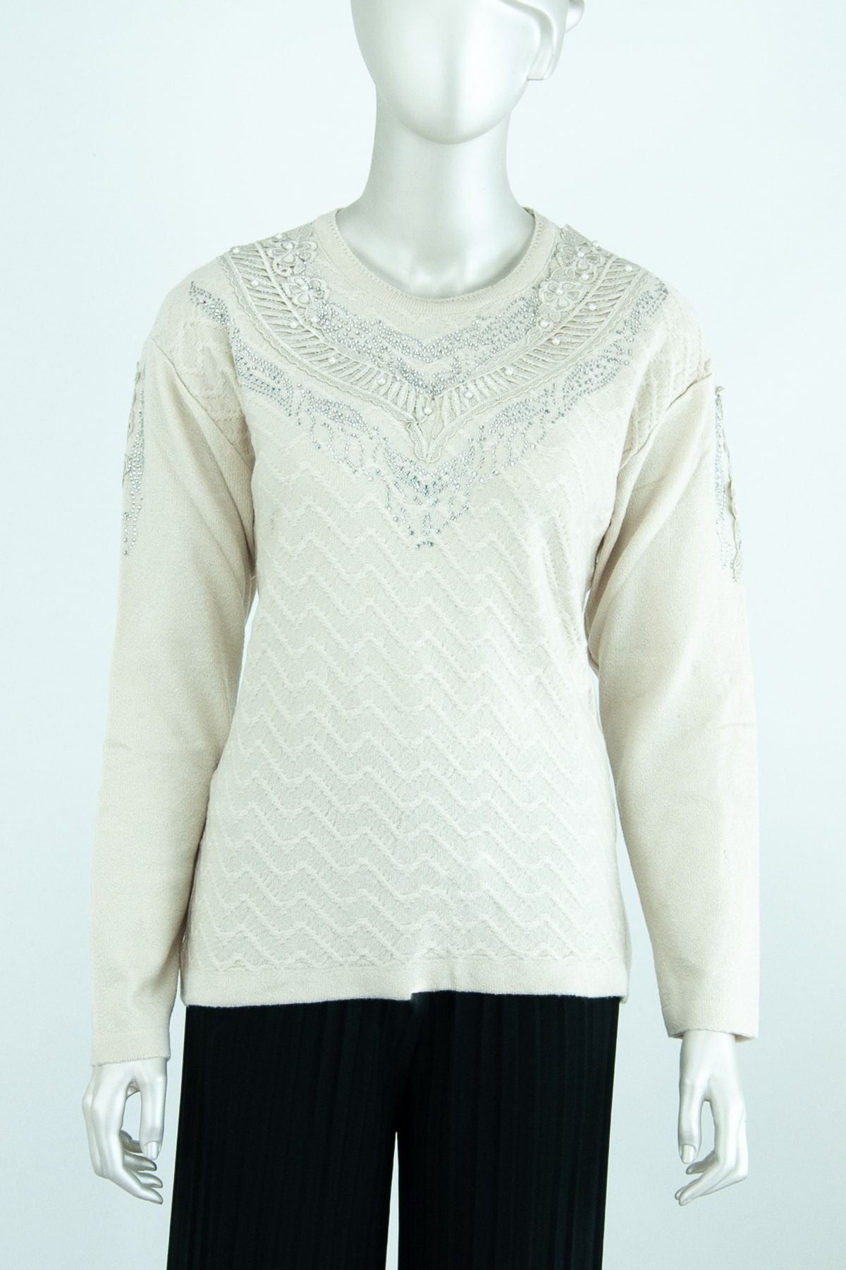 Kadın Kışlık Menekşe Motifli Boncuklu Ve Taşlı Likralı Kardelen Dokuma Anne Triko Kazak