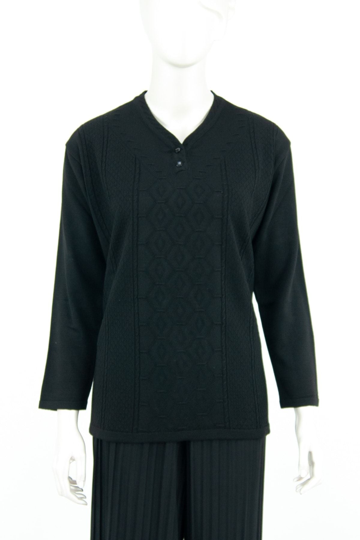 Kadın Kışlık Zümrüt Motifli Düğmeli Armut Yakalı Likralı Pamuklu Triko Dokuma Anne Kazak