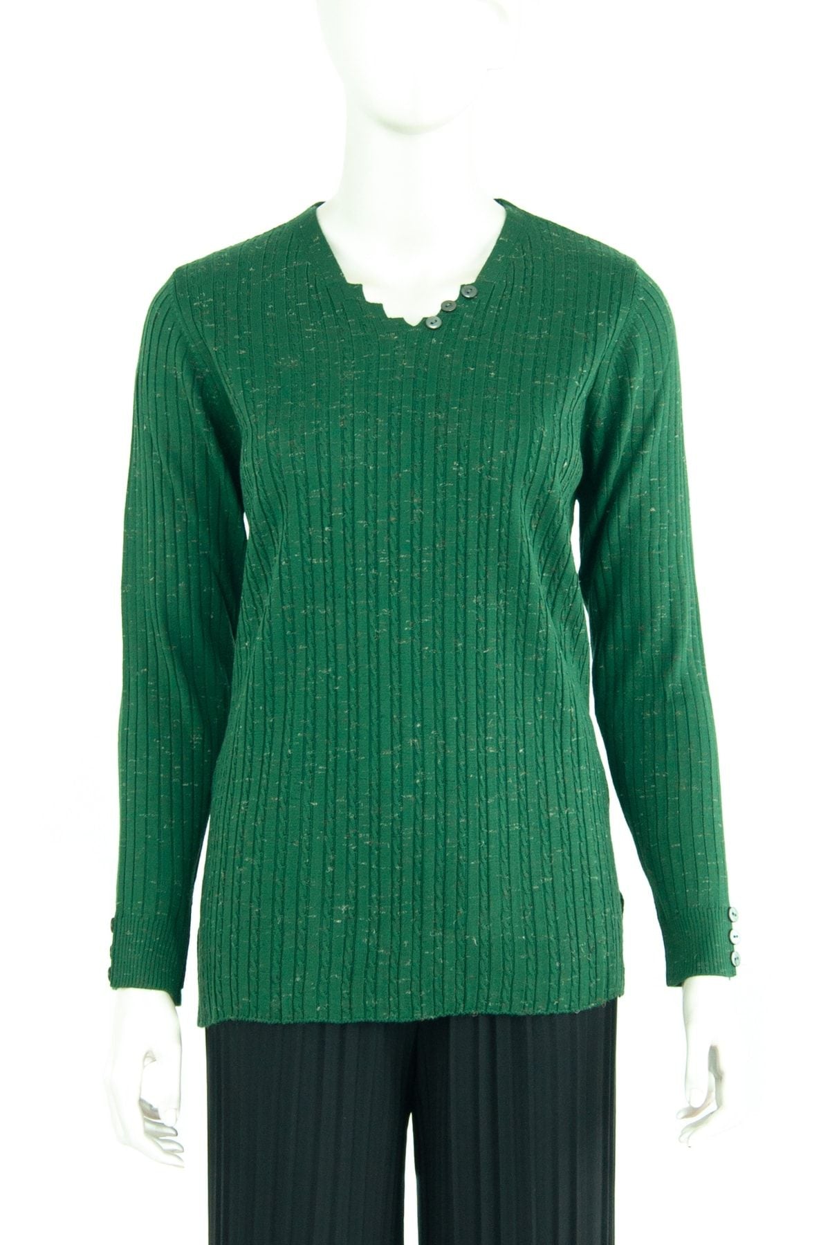 Kadın Kışlık Simetri V Yaka Desenli Uzun Kol Likralı Dokuma Triko Ince Anne Kazak