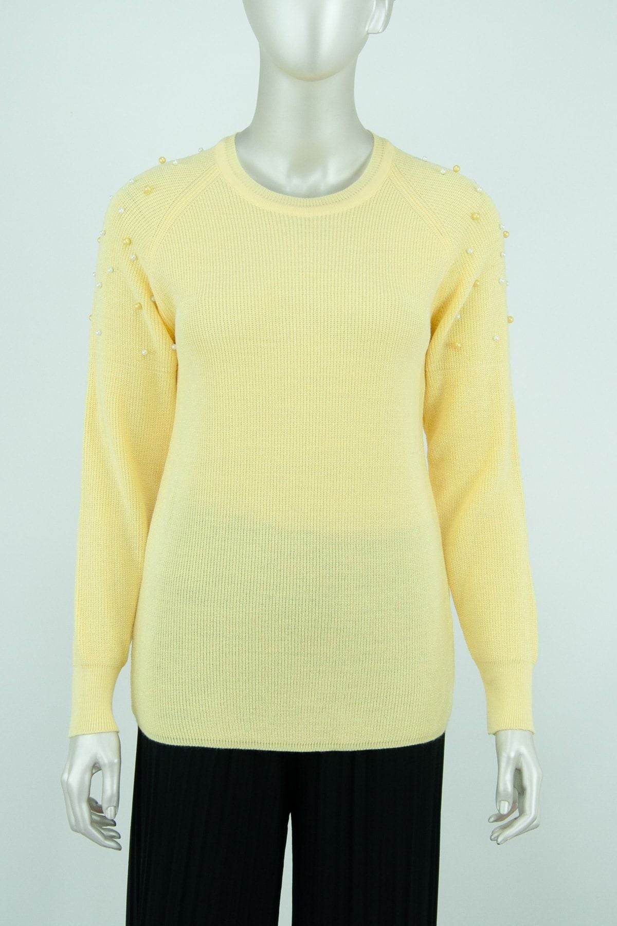 Kadın Kışlık Boncuk Modelli Yuvarlak Yaka Likralı Simli Pamuklu Dokuma Triko Kazak