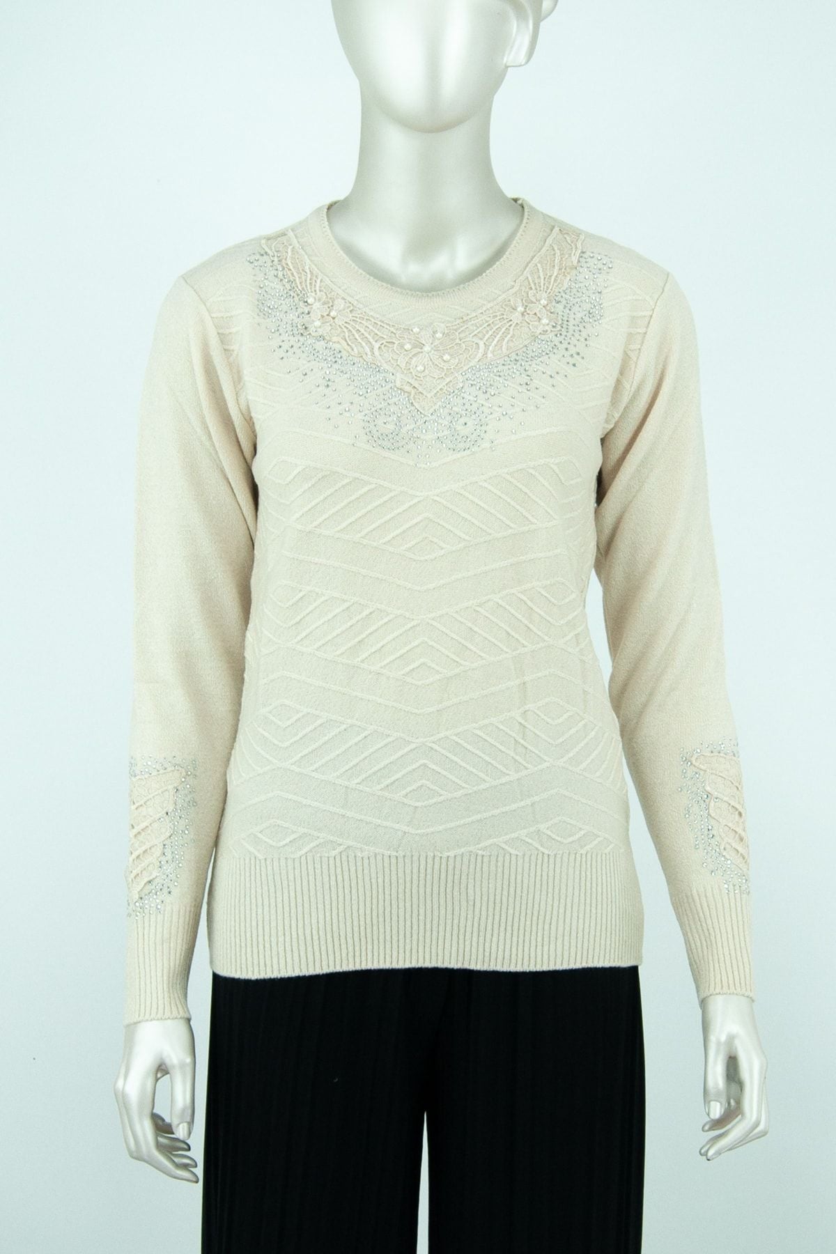 Kadın Kışlık Buket Motifli Boncuklu Ve Taşlı Dar Kesim Kardelen Dokuma Genç Anne Triko Kazak