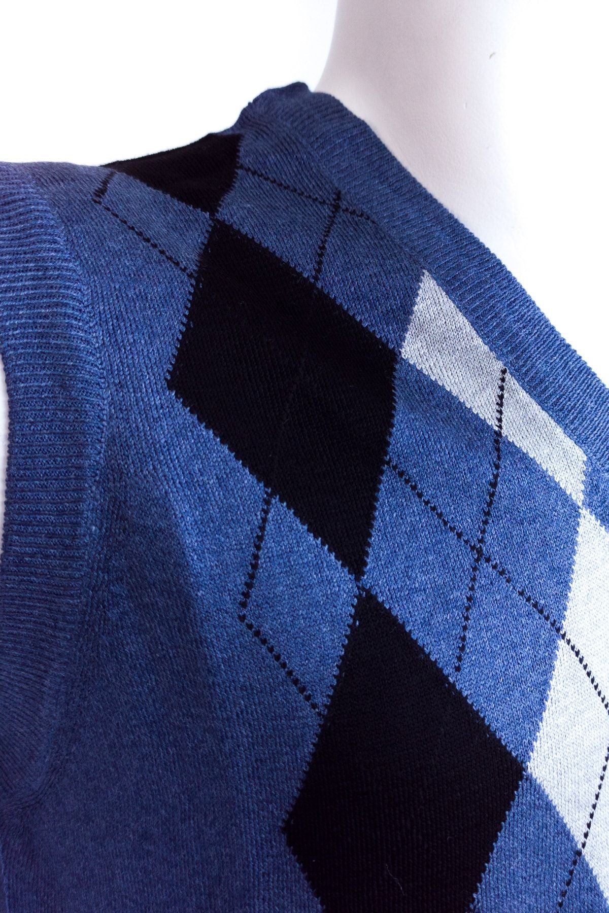 Erkek Mavi Baba Süveteri Baklava Desenli V Yakalı İnce Yün Dokuma