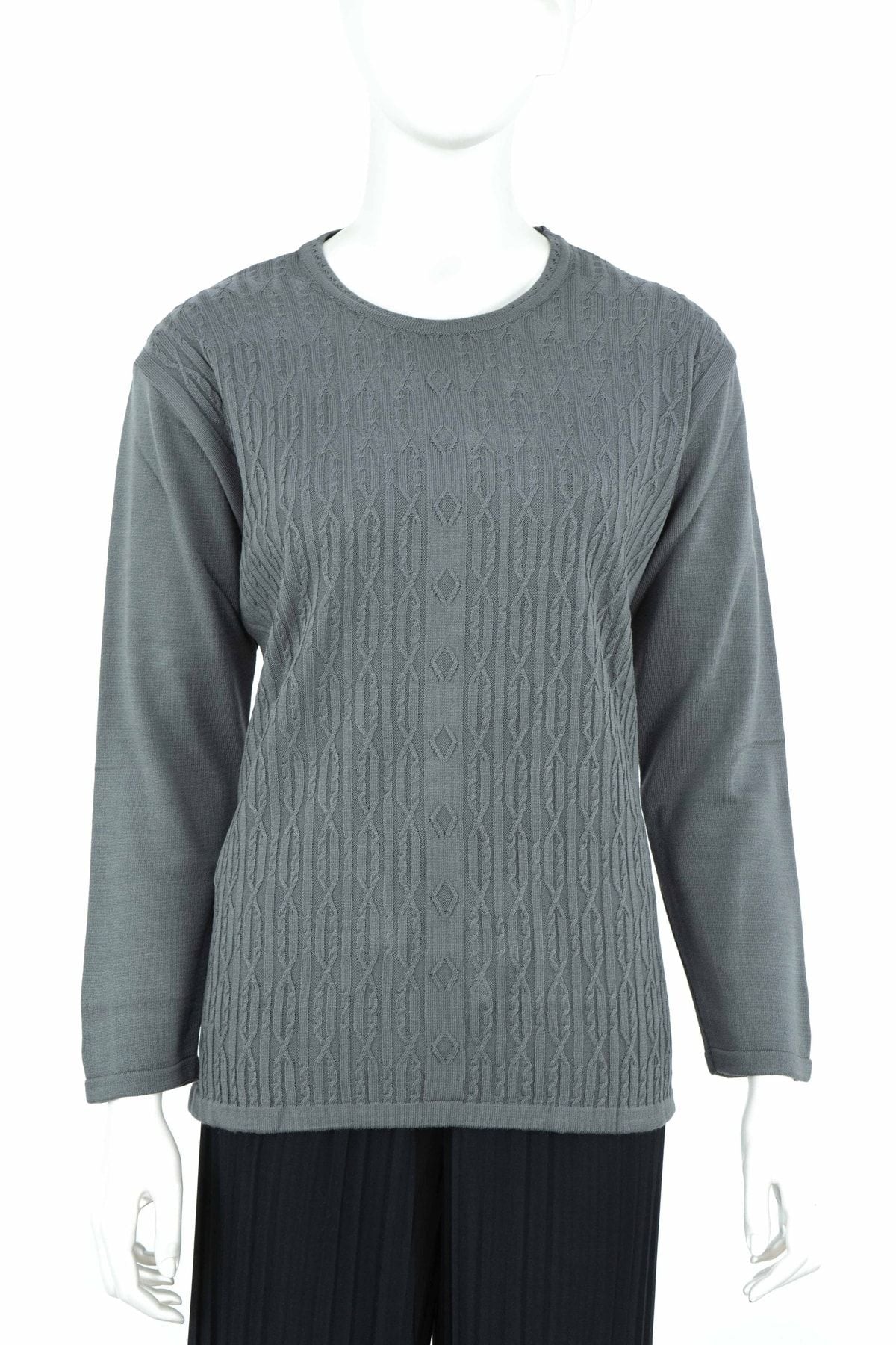 Kadın Kışlık Kendinden Motifli Yuvarlak Yaka Likralı Pamuklu Triko Dokuma Anne Kazak