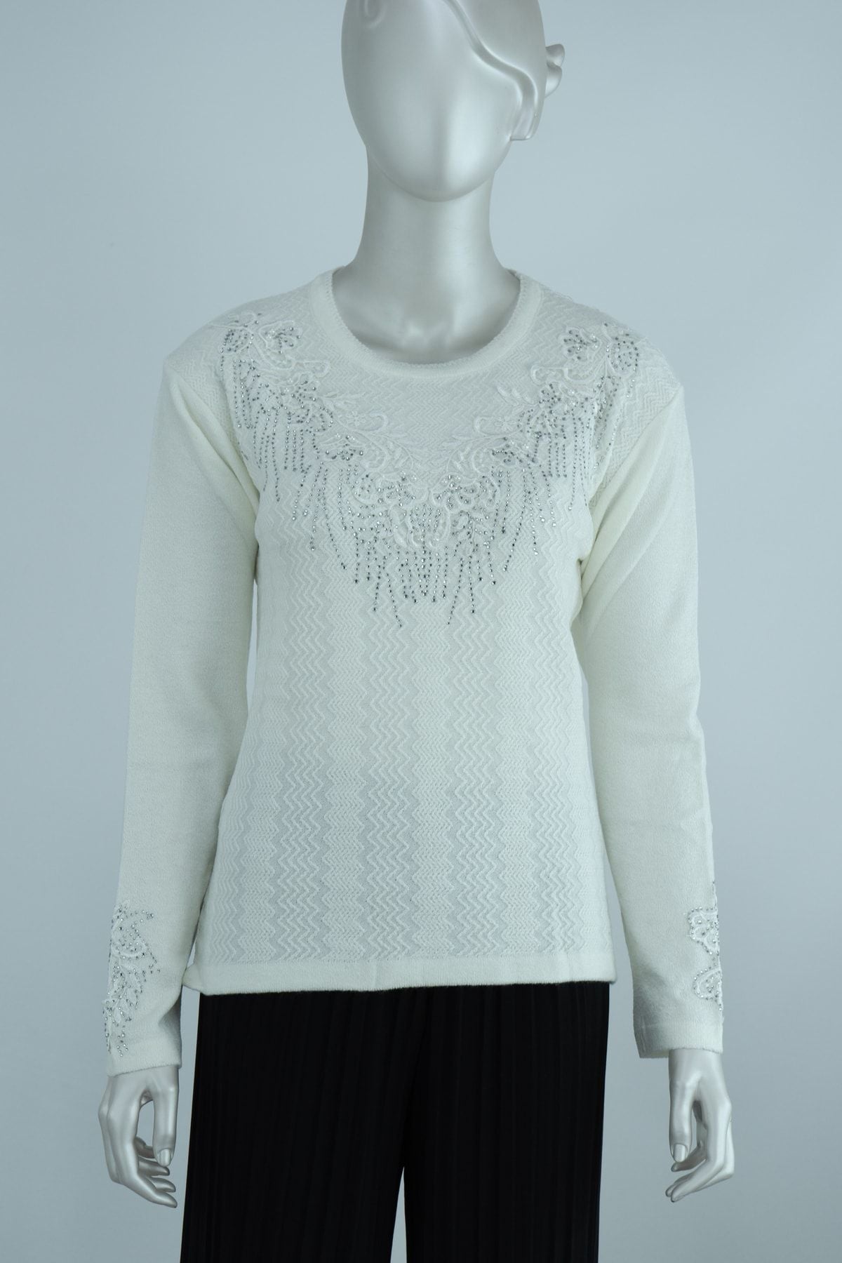 Kadın Kışlık Boncuk Kolye Motifli Boncuklu Ve Taşlı Likralı Kardelen Dokuma Anne Triko Kazak