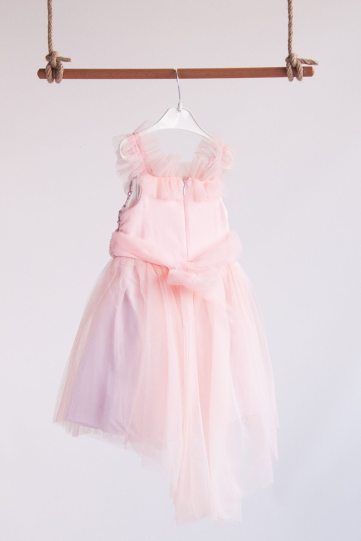 Kız Çocuk Pudra Butik Kostüm 1-2-3-4 Yaş Simli Zeytindallı Ve Güllü Kuyruklu Elbise