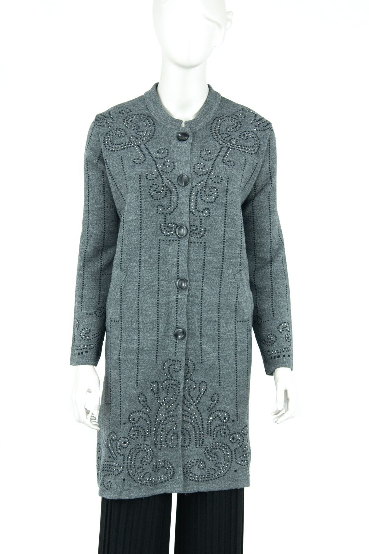 Kadın Kışlık Düğmeli Şık Taşlı Modelli Çift Cepli Likralı Yuvarlak Yaka Dokuma Anne Hırka