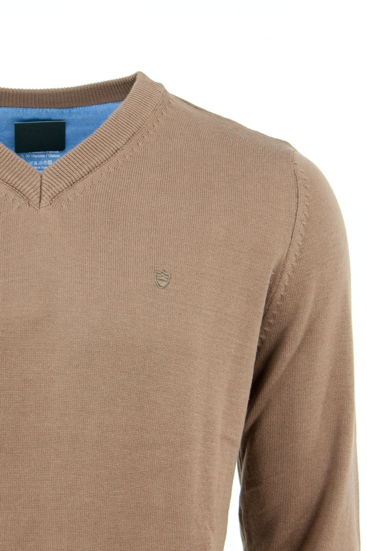 Erkek Kışlık V Yaka Armalı Uzun Kollu Düz Renk Rahat Kesim Likralı Pamuklu Dokuma Kazak