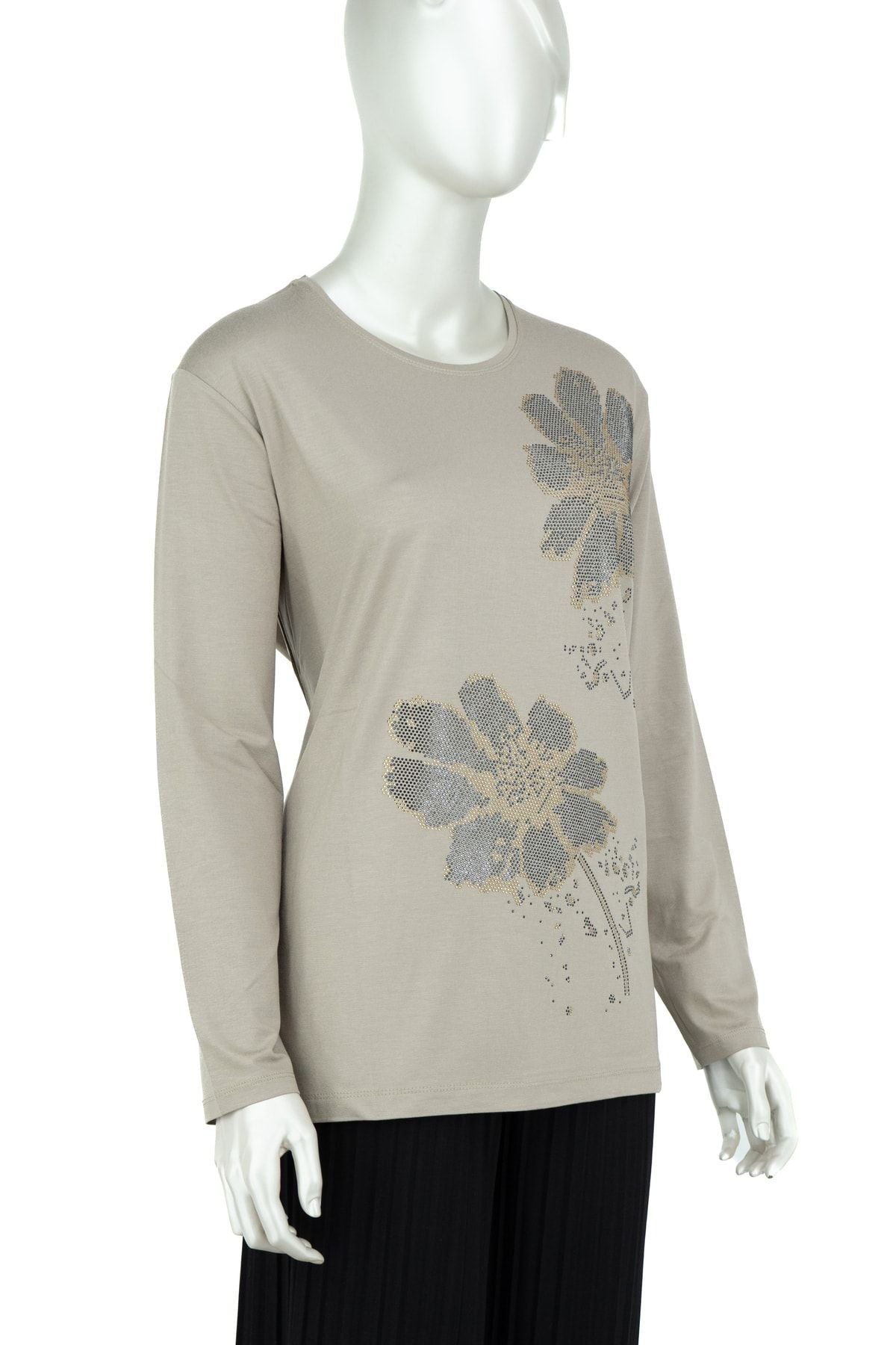 Kadın Papatya Taşlı Yuvarlak Yaka Uzun Kollu Tam Kalıp Likralı Viskon Penye Kumaş Anne Bluz