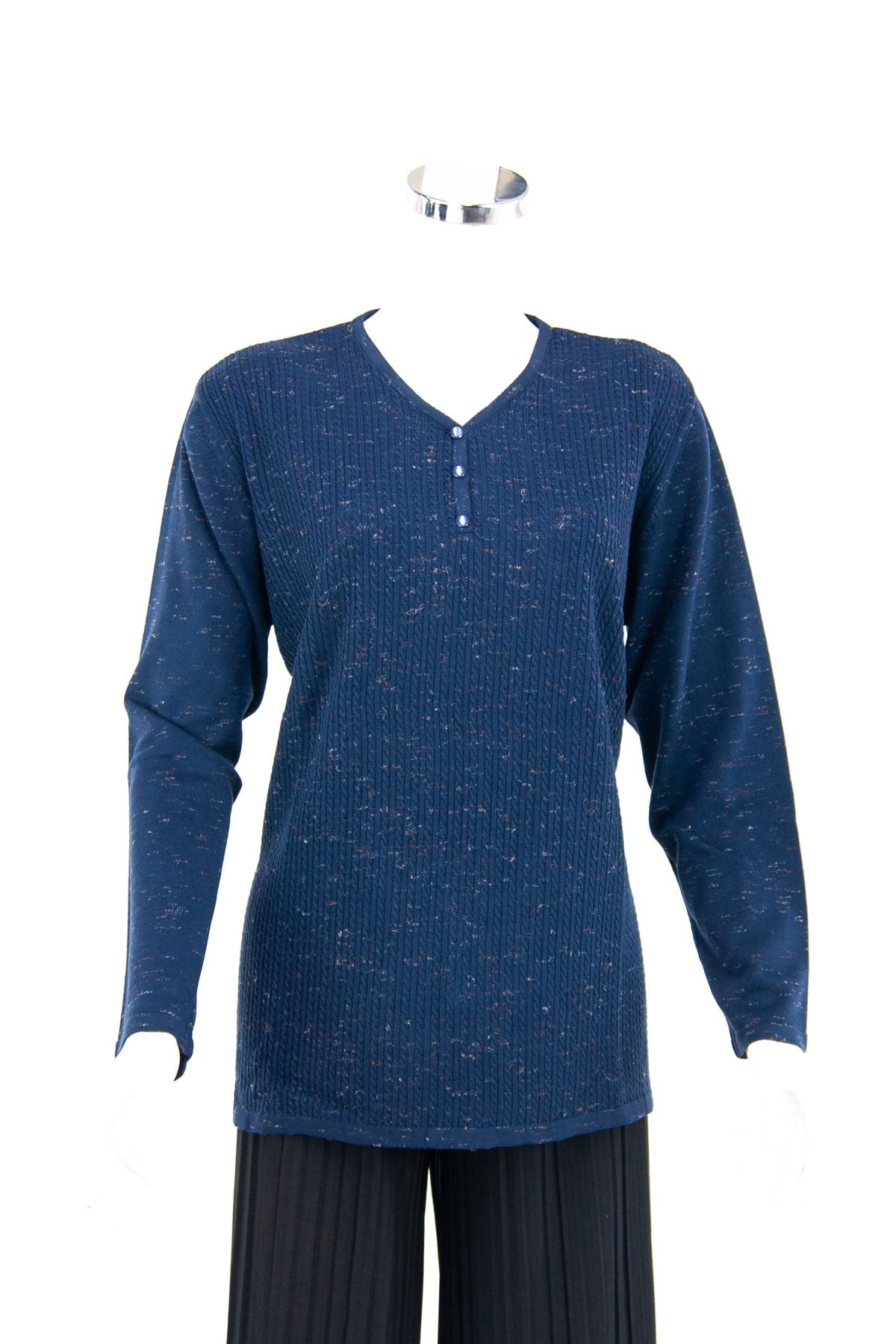 Kadın Kışlık Armut Yaka Desenli Uzun Kol Normal Kesim Likralı Dokuma Triko Ince Anne Kazak