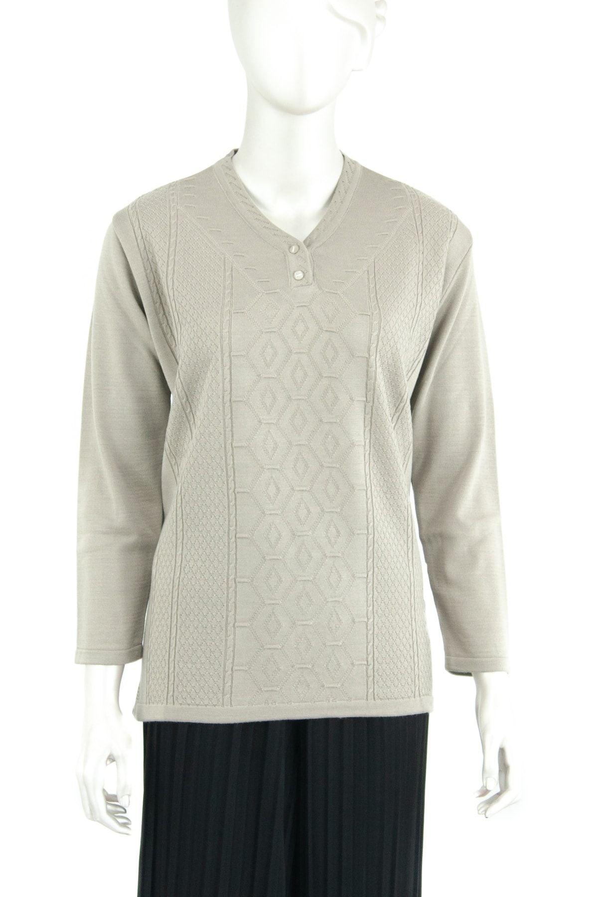 Kadın Kışlık Zümrüt Motifli Düğmeli Armut Yakalı Likralı Pamuklu Triko Dokuma Anne Kazak